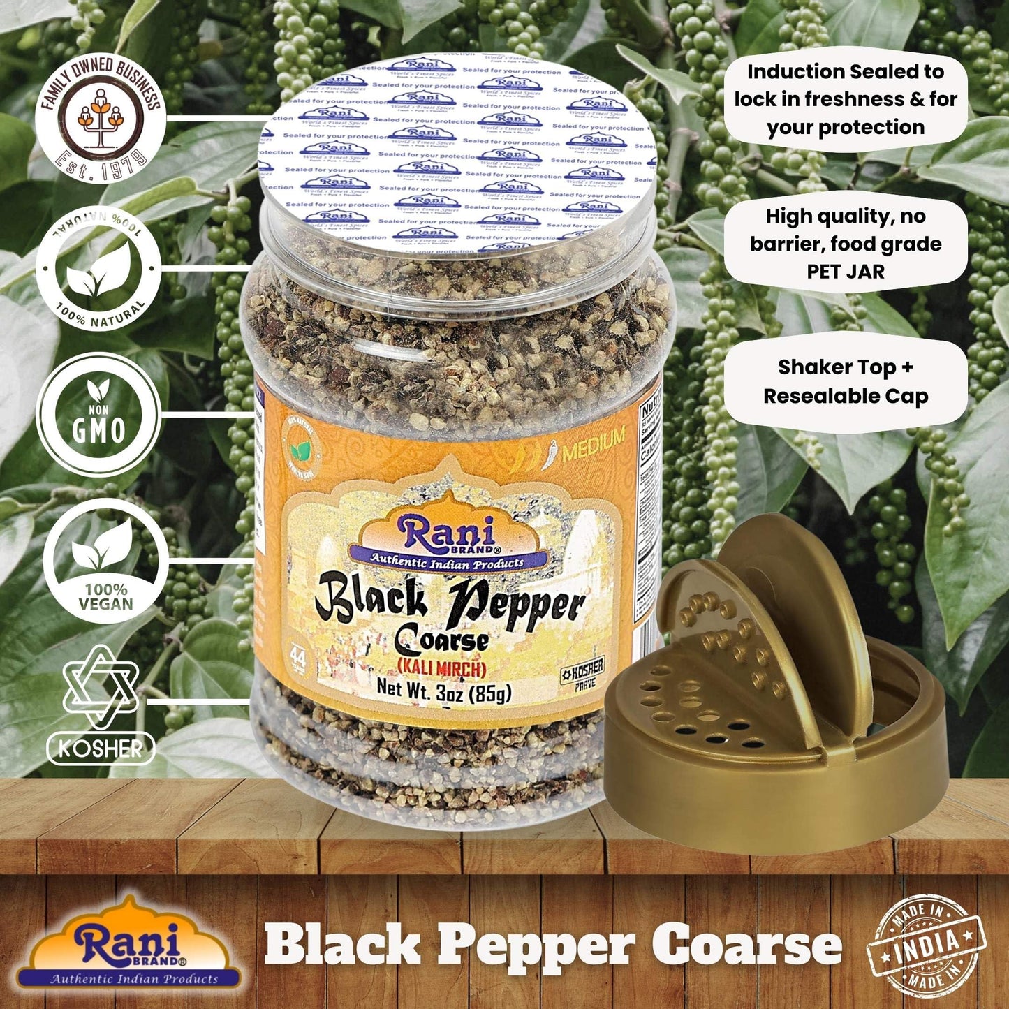 Rani Black Pepper Coarse Ground 28 Mesh, 3oz (85g) PET Jar, All Natural, Vegan, Gluten Friendly, NON-GMO, Kosher, Product of Vietnam
