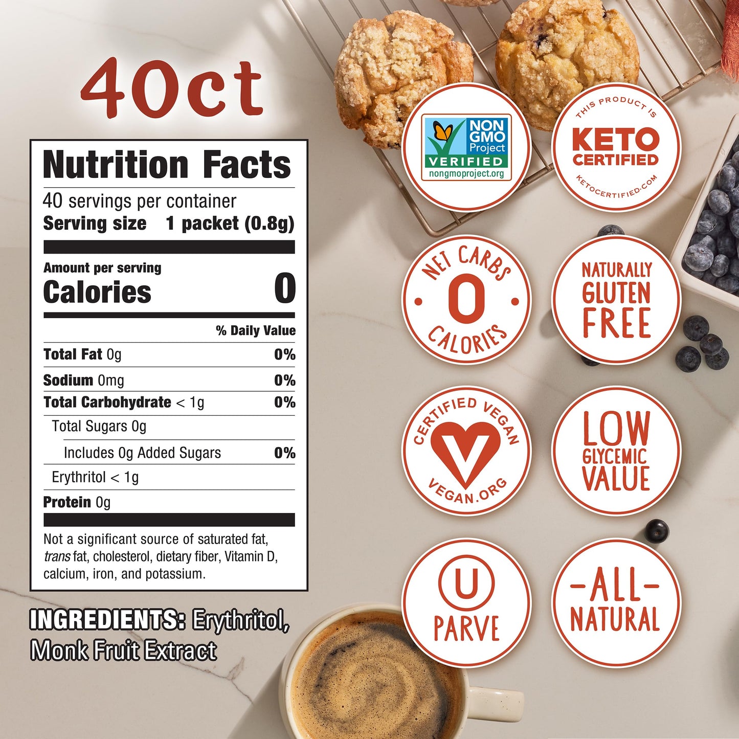MONK FRUIT IN THE RAW, Natural Monk Fruit Sweetener w/Erythritol, Sugar-Free, Keto, Gluten Free, Zero Calorie, Low Carb, Vegan S