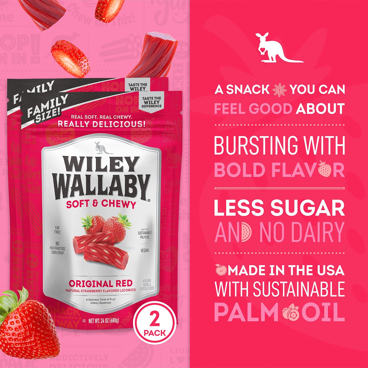 Wiley Wallaby Licorice 24 Ounce Classic Gourmet Soft & Chewy Australian Red Licorice Candy Twists, 2 Pack