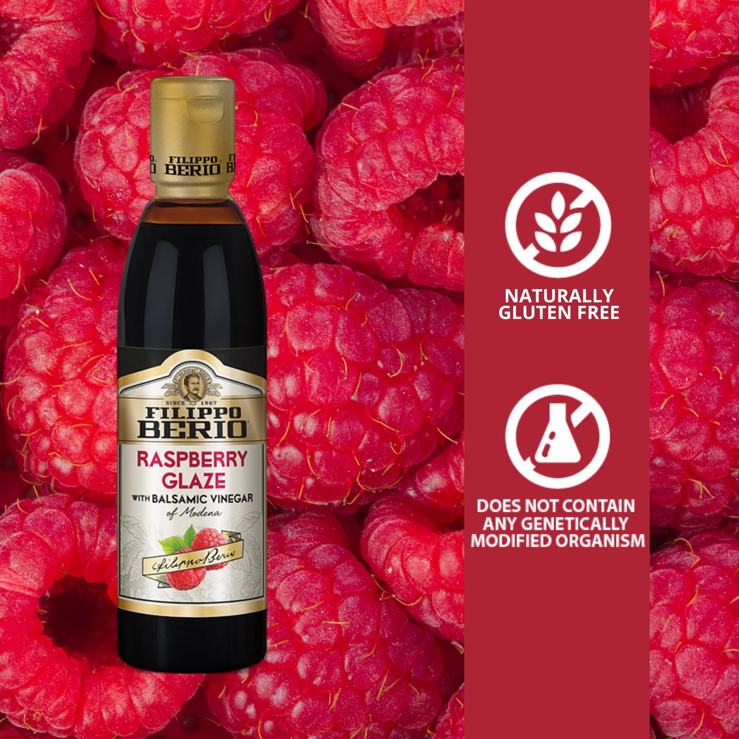 Filippo Berio Raspberry Glaze With Balsamic Vinegar Of Modena, 8.4 Ounce Plastic Bottle