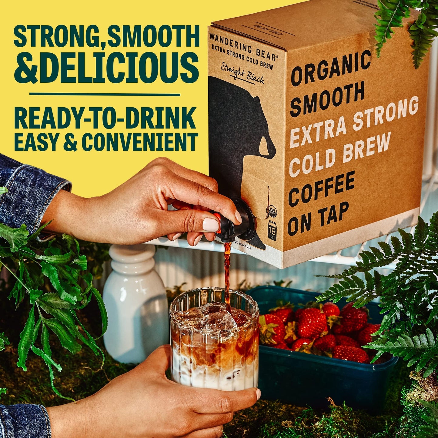 Wandering Bear Extra Strong Organic Cold Brew Coffee On Tap, Straight Black, 96 Fl Oz - Smooth, Unsweetened (0G Sugar), Shelf-St
