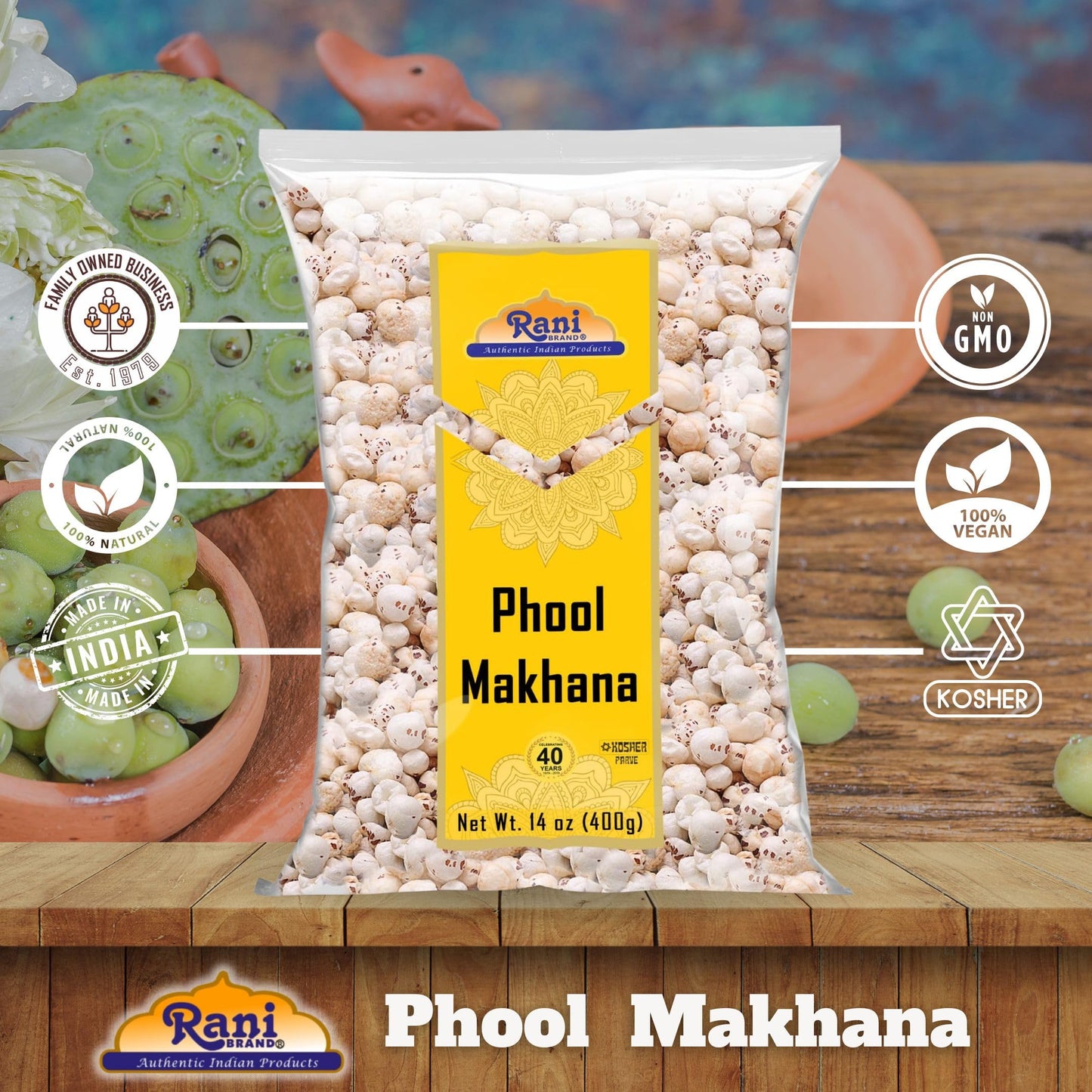 Rani Jumbo Phool Makhana (Fox Nut) Plain Raw 14oz (400g) | Vegan | Gluten Friendly | NON-GMO | Kosher | Indian Origin