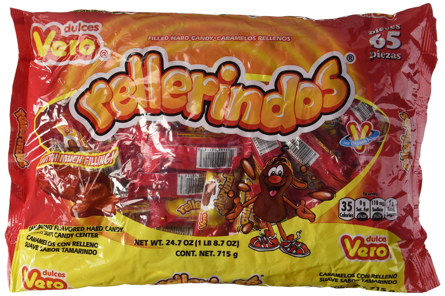 Vero Rellerindos - Tamarind Flavor Hard Candy (65 Units) - Authentic Mexican Candy, Individually Wrapped Hard Candy Pack Perfect For Parties, Piñatas, And Snacks