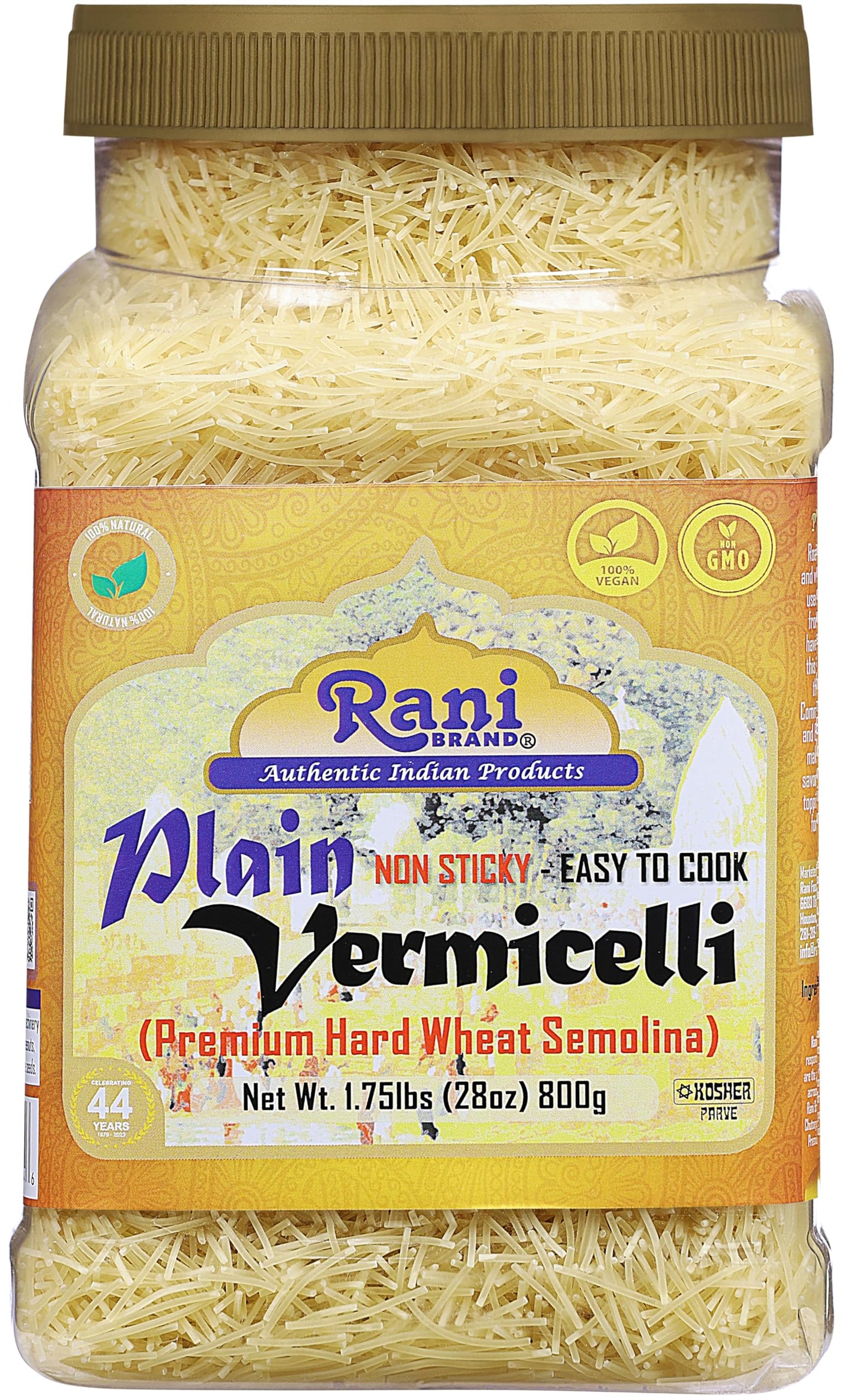 Rani Plain Vermicelli (Wheat Noodles) 28oz (1.75lbs) 800g PET Jar ~ All Natural | Vegan | NON-GMO | Kosher | Indian Origin