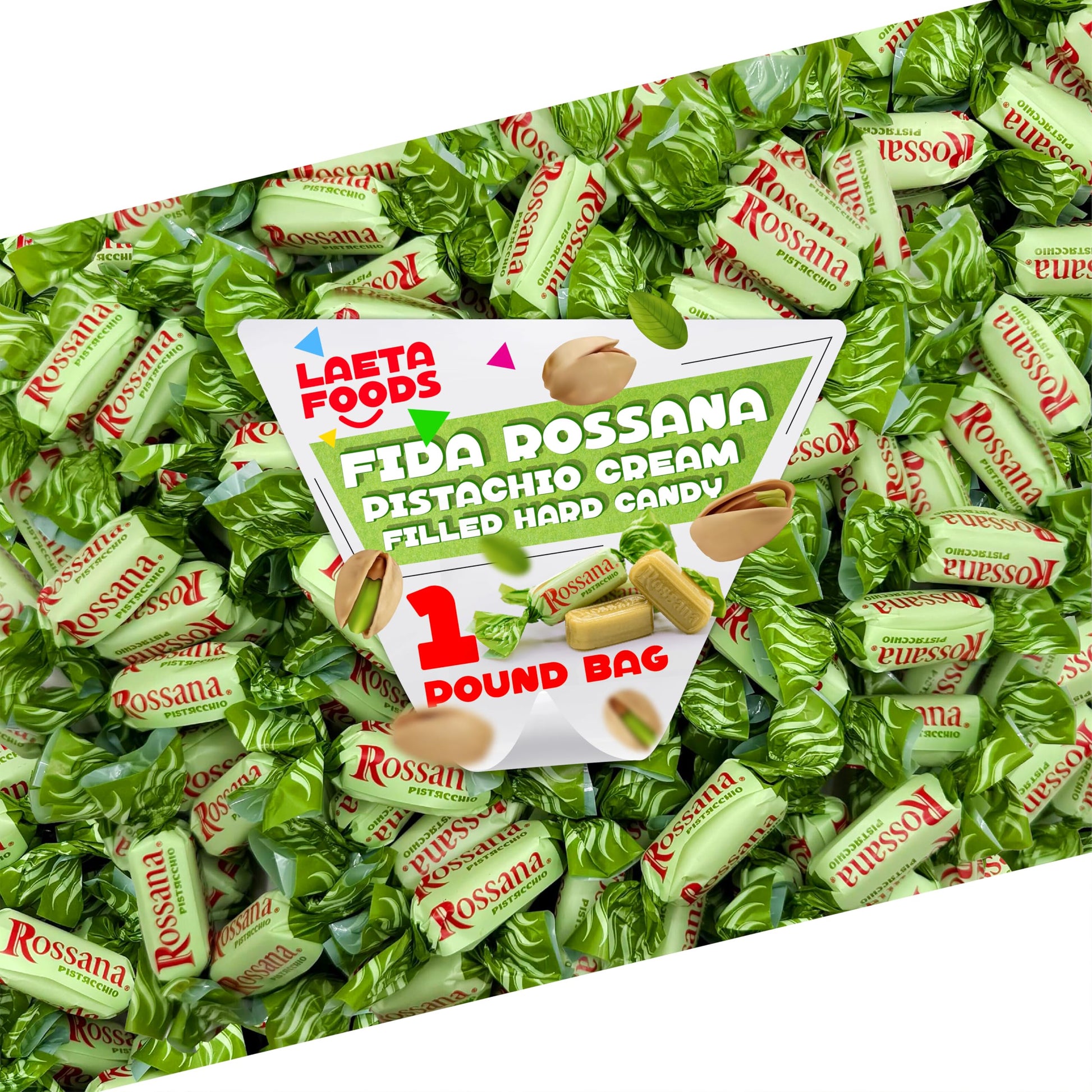 Fida Rossana Pistachio Hard Candy | 1 Pound Bag - About 75 Count | Individually Wrapped Rossana Italian Candy | Rich Pistachio Cream Center | Filled Gourmet Treat