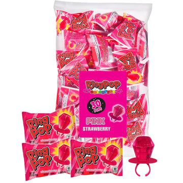 Ring Pop Individually Wrapped Pink Halloween Candy, Strawberry 30 Ct Lollipop Bulk, Lollipop Suckers for Kids, Fun Candy Bulk fo