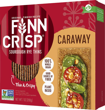 Finn Crisps Rye Crispbread With Caraway 7Oz | Thin, Crispy Rye Flatbreads With Caraway | Authentic Finnish Sourdough Crispbread
