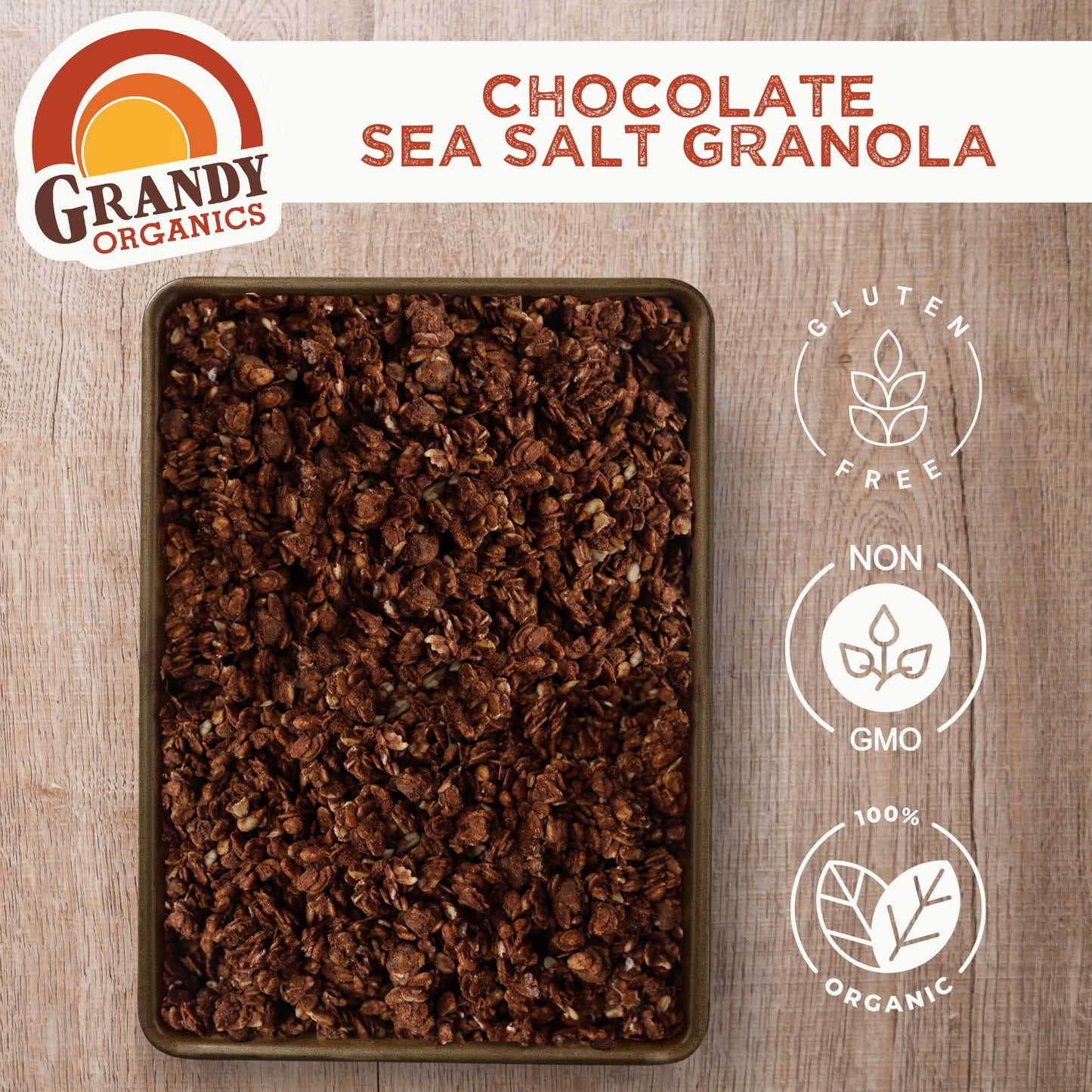 Grandy Organics Dark Chocolate Sea Salt Granola, Certified Organic Granola, Gluten Free, Non-GMO, Certified Kosher, Plant Based