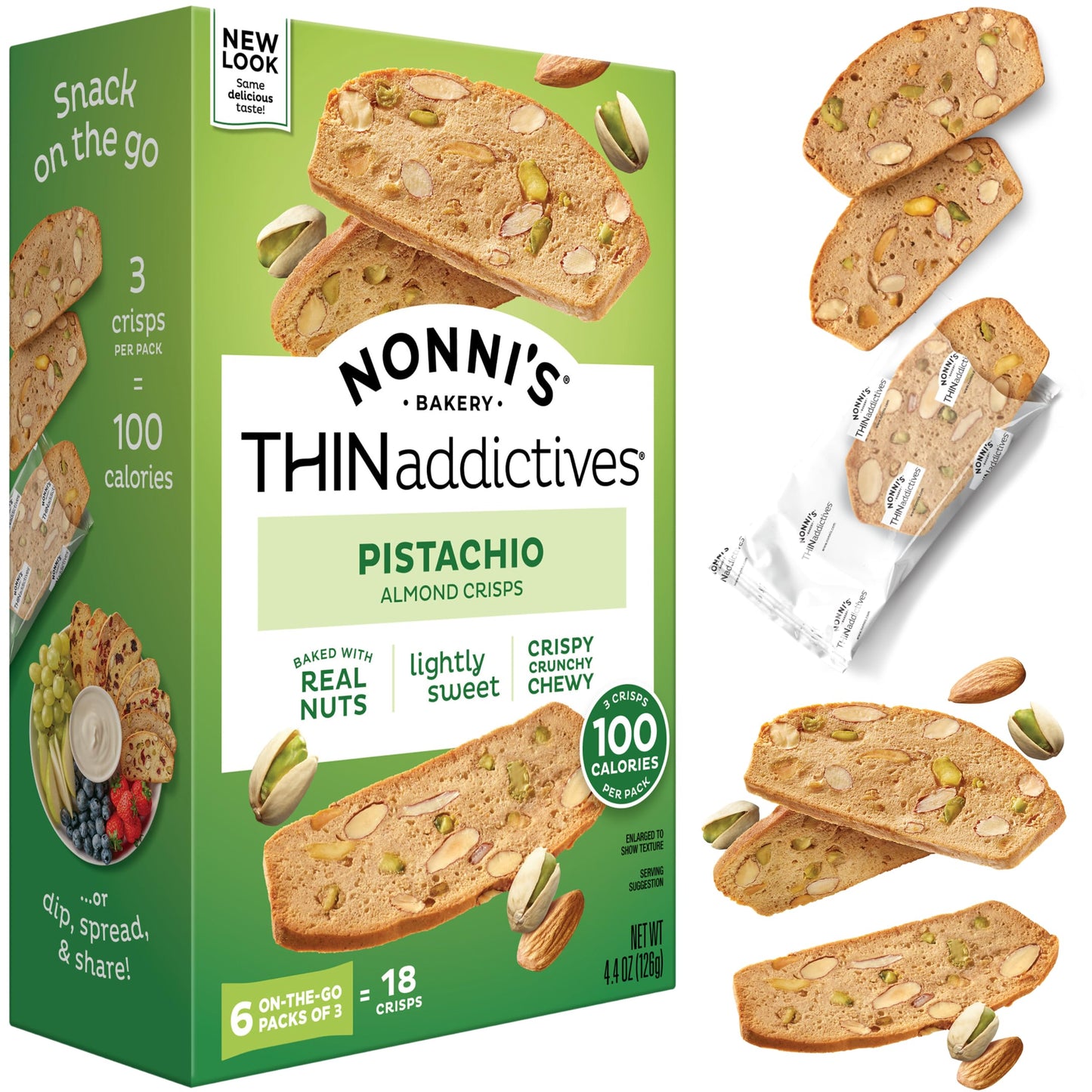 Nonnis THINaddictives Almond Thin Cookies, Pistachio Almond Biscotti, Sweet Crunchy & Chewy, Individually Wrapped, Kosher Snack, Perfect with Coffee, 4.4 oz
