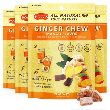 Pocas Mango Ginger Chews - Sweet and Zesty Ginger Chew, Individually Wrapped Low-Calorie Snacks, Ginger Candy Made with Pure Can
