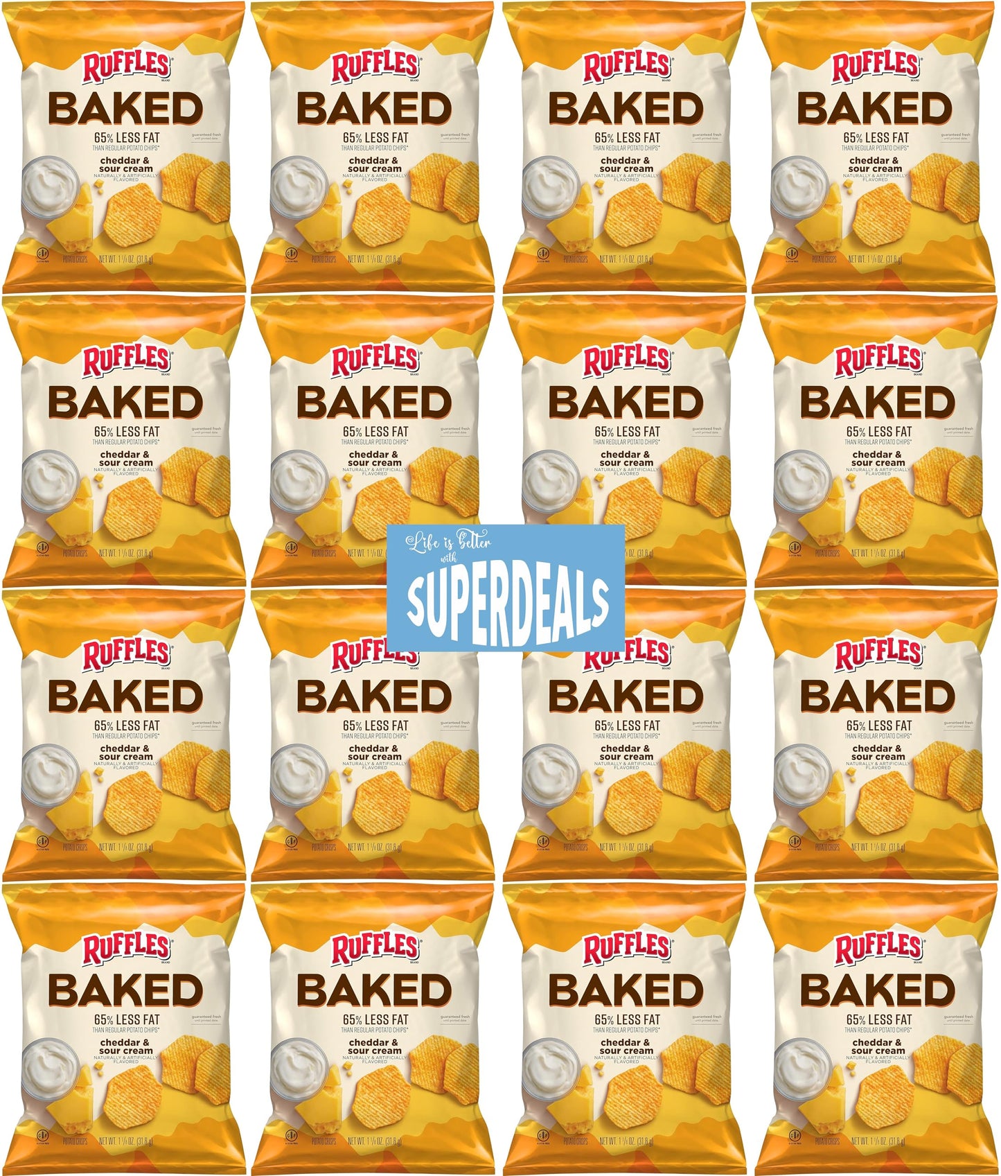 SUPERDEALS Baked Ruffles Cheddar & Sour Cream Chips Value Pack, 1.125 Ounce (Pack of 16)