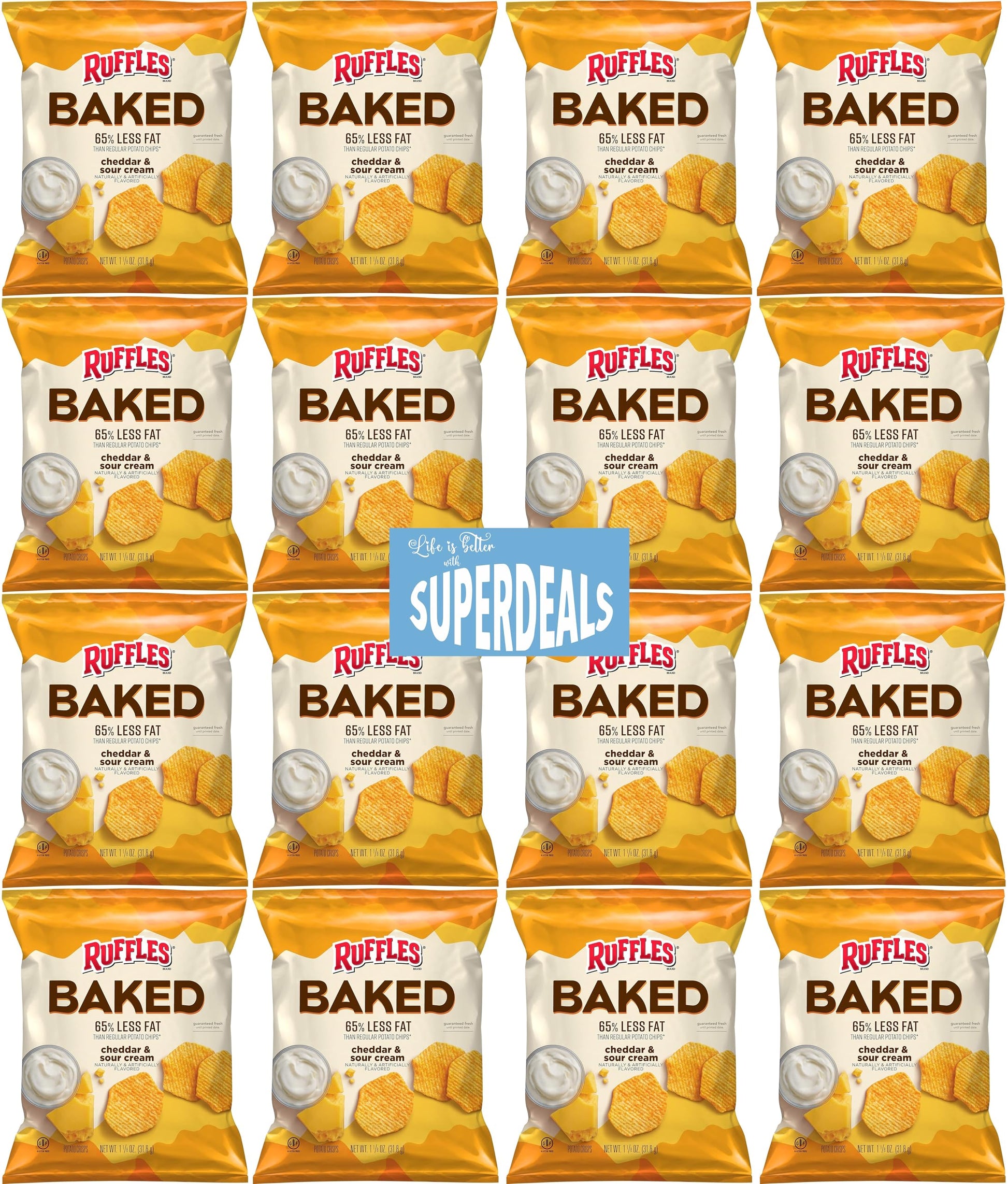 SUPERDEALS Baked Ruffles Cheddar & Sour Cream Chips Value Pack, 1.125 Ounce (Pack of 16)