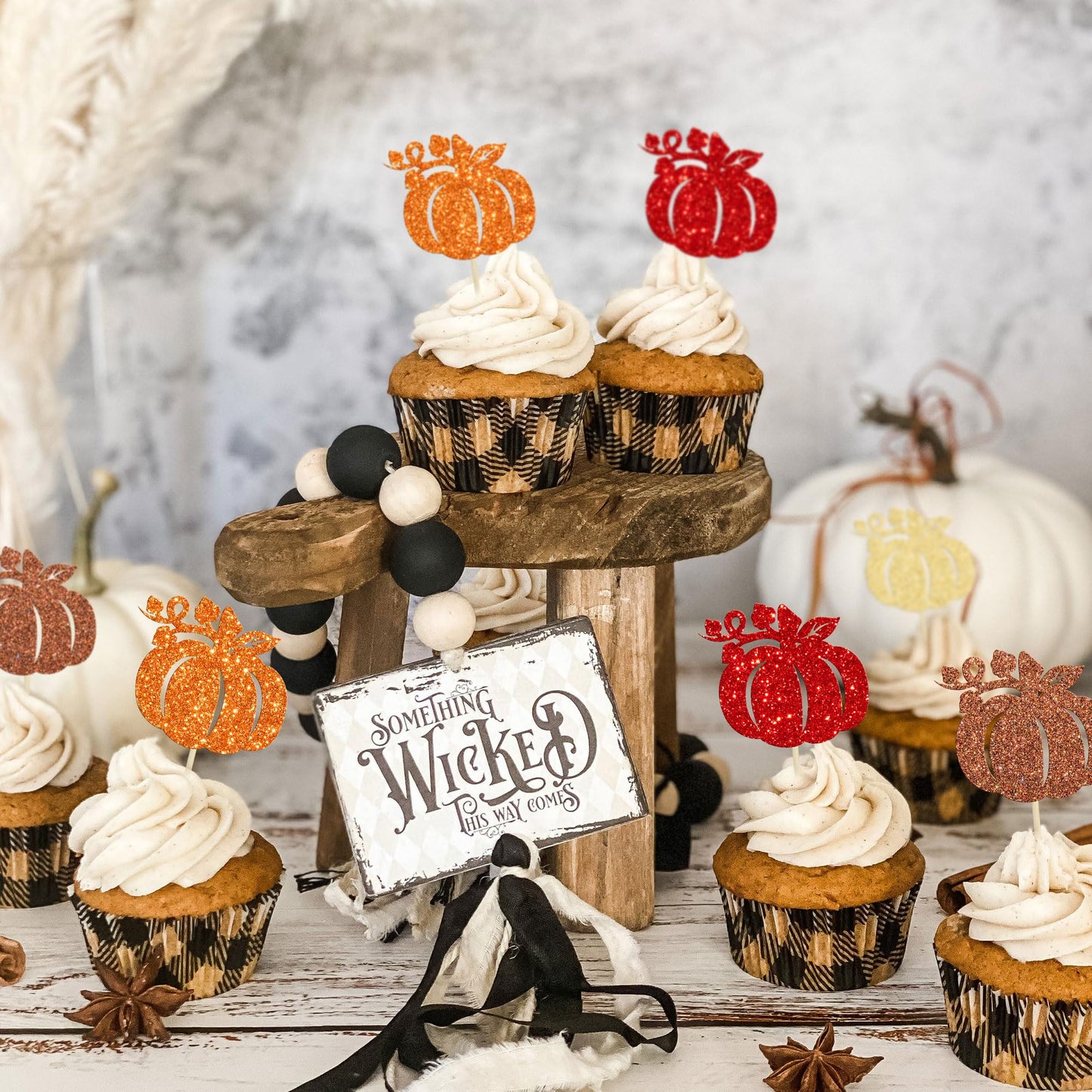 Gyufise 24Pcs Pumpkin Cupcake Toppers Glitter Fall Theme Pumpkin Cupcake Picks Autumn Fall Harvest Theme Baby Shower Kids Birthd