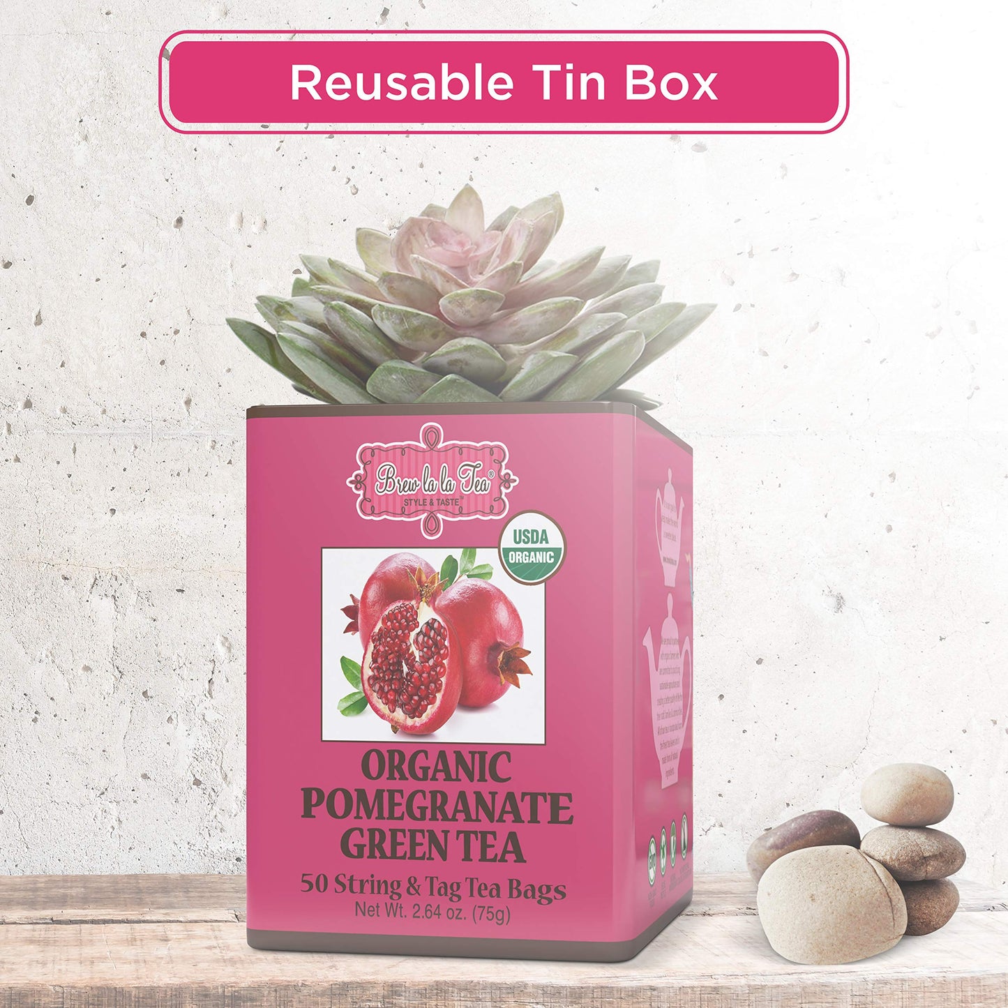 Brew La La Organic Green Tea - Pomegranate Flavor - 50 Tea Bags - Low Caffeine - USDA Certified Organic