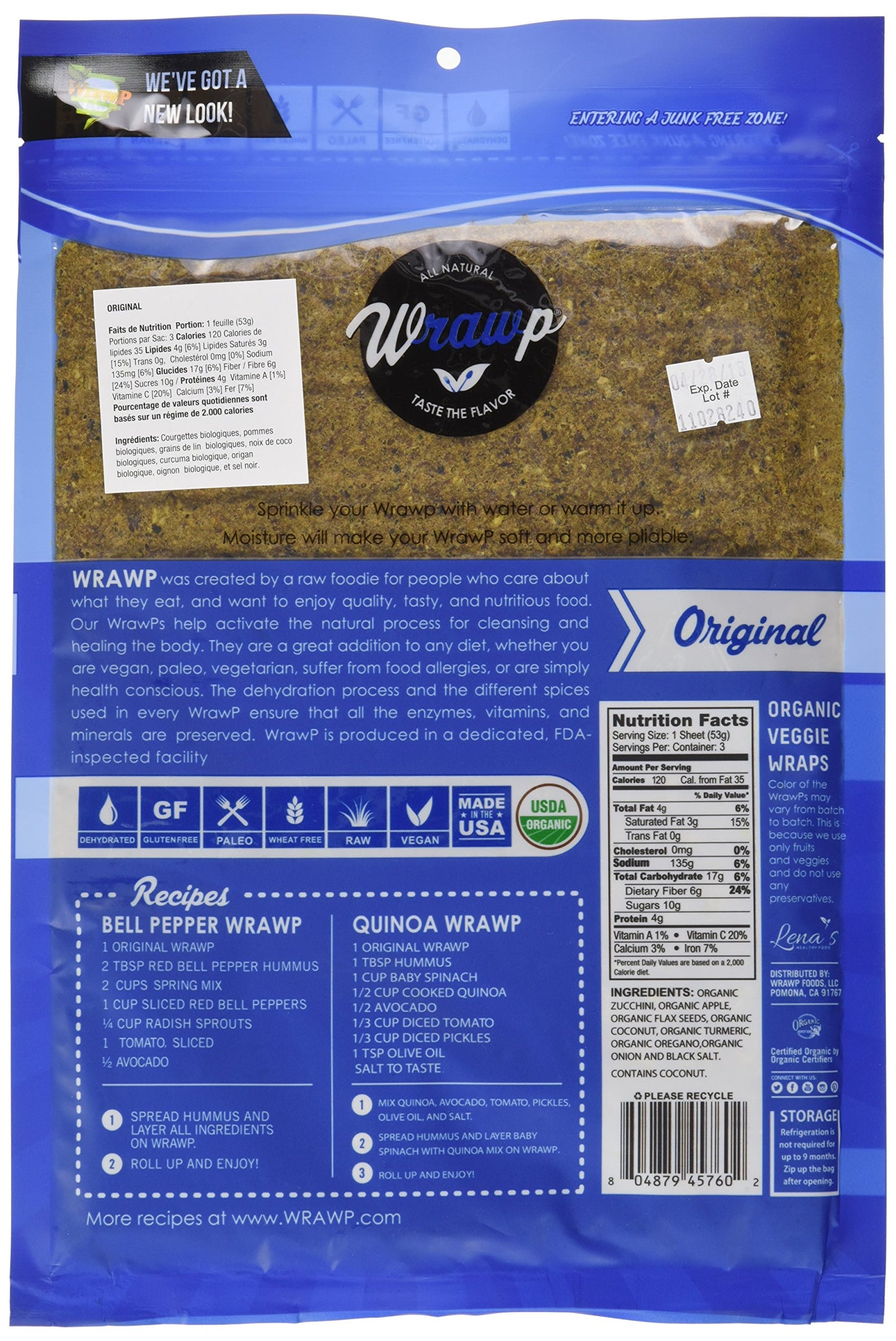 Wrawp Organic Veggie Wrap - Original (1 PACK) Gluten Free, Paleo, Plant Based, Vegan