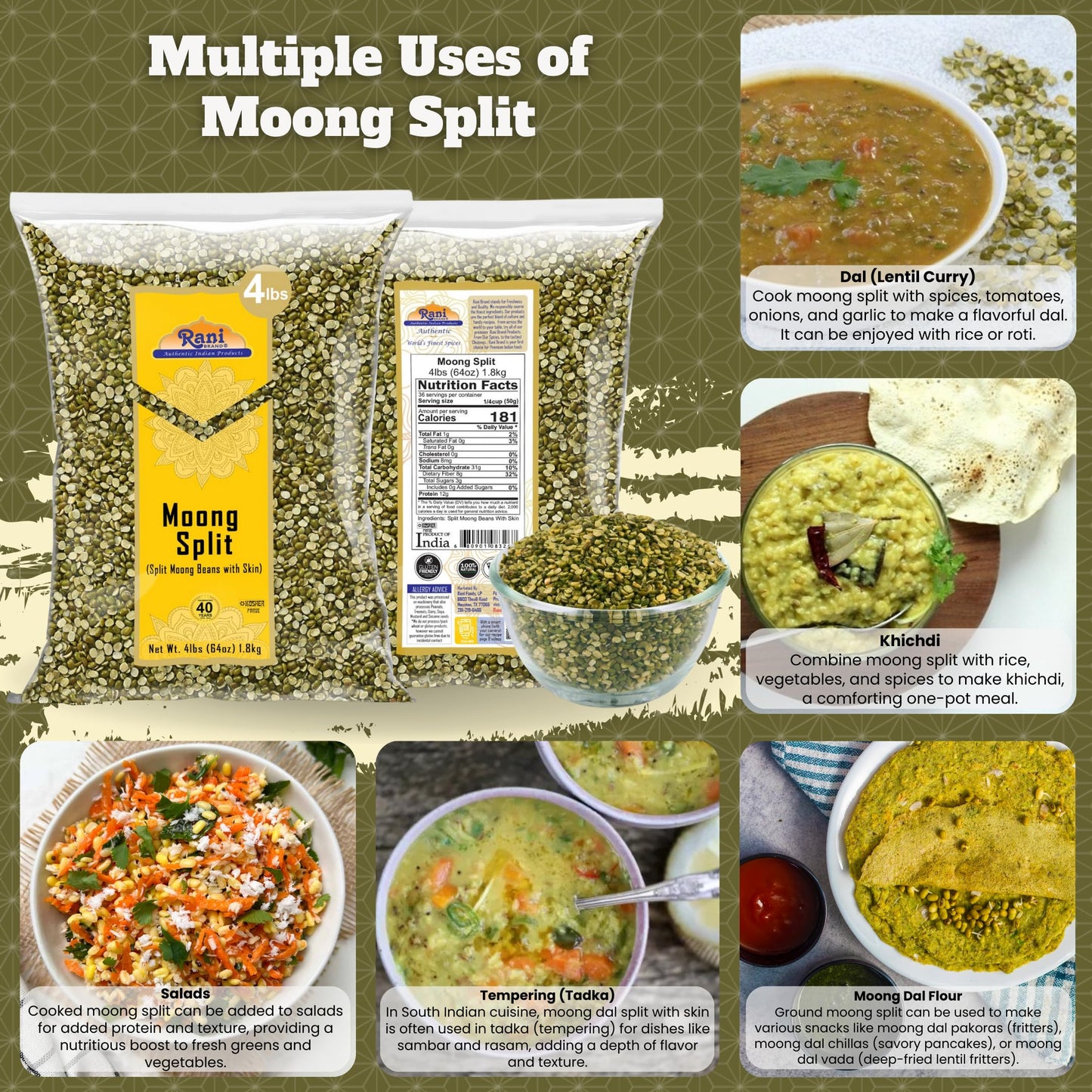 Rani Moong Split (Split Mung Beans With Skin) Lentils Indian 64Oz (4Lbs) 1.81Kg Bulk ~ All Natural | Gluten Friendly | Non-Gmo | Vegan | Indian Origin