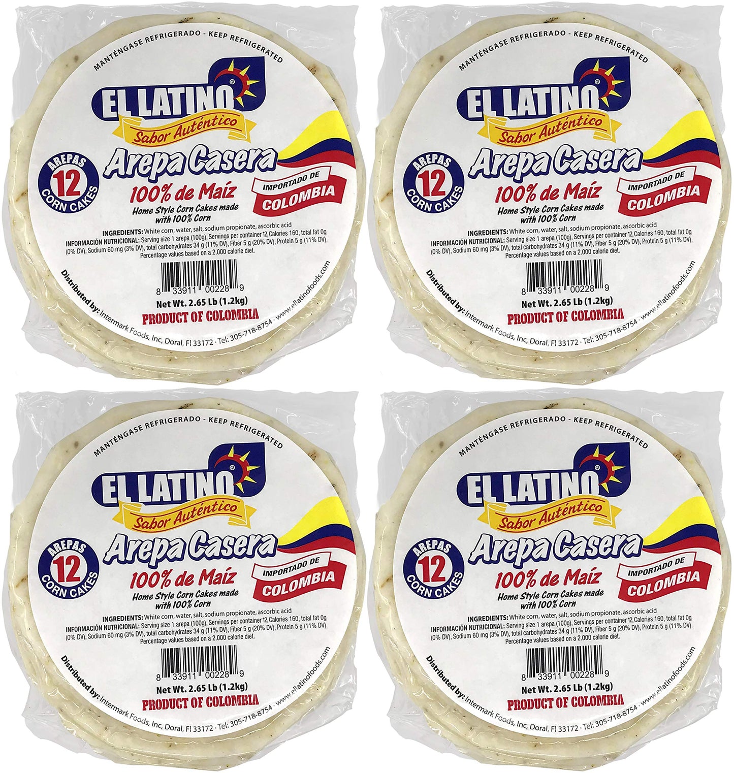 El Latino arepas colombianas blancas. 4 packs of 12 each. Total 48 arepas