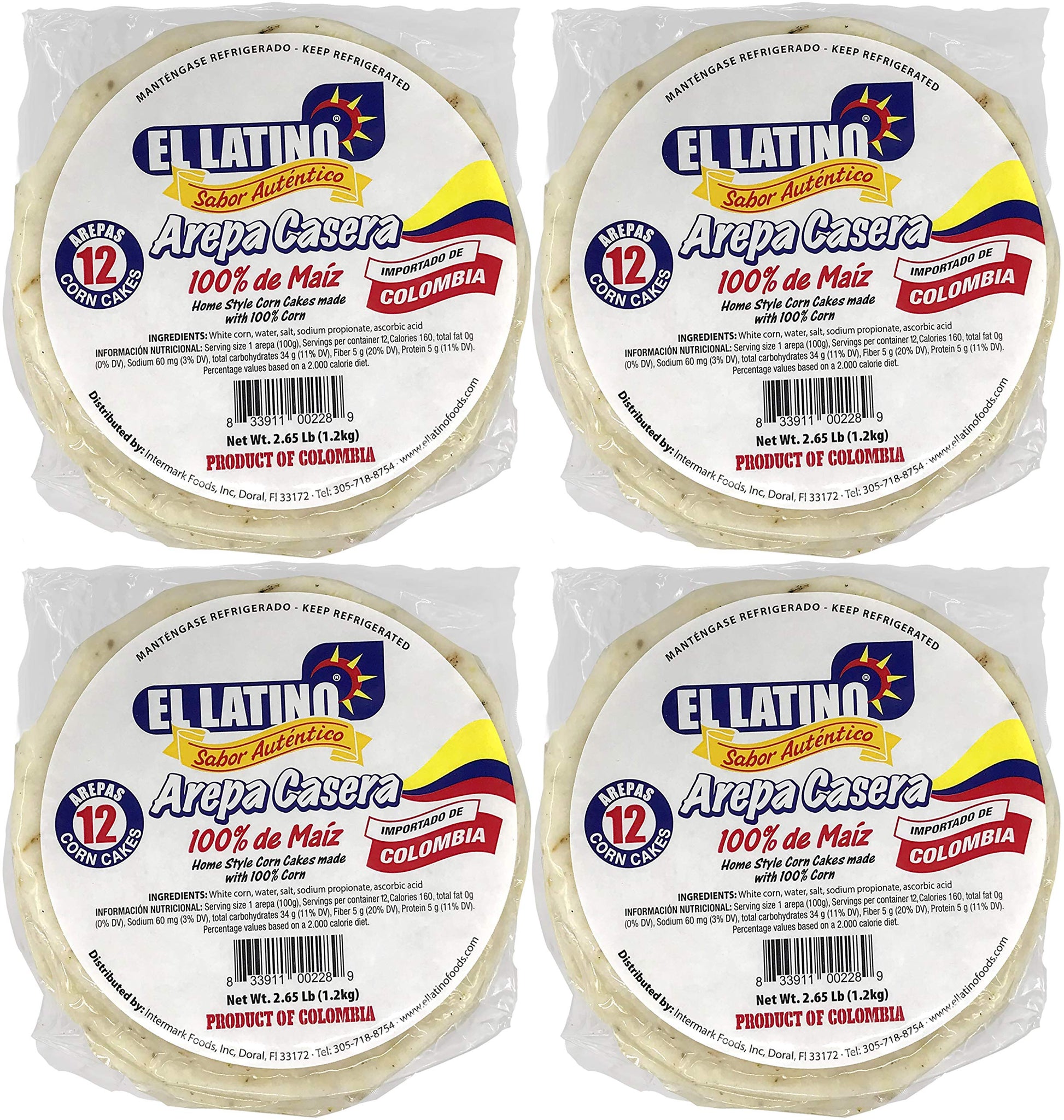 El Latino arepas colombianas blancas. 4 packs of 12 each. Total 48 arepas