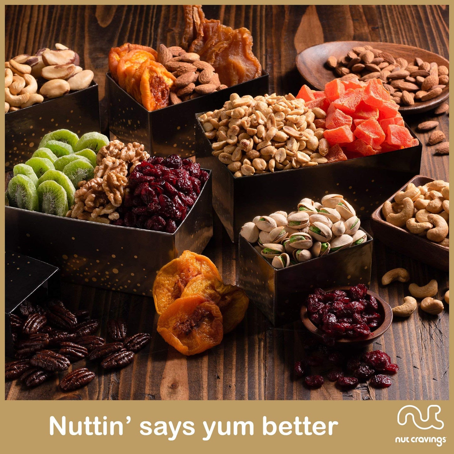 Nut Cravings Gourmet Collection - Easter Dried Fruit & Mixed Nuts Gift Basket Black Tower + Ribbon (12 Assortments) Purim Mishlo
