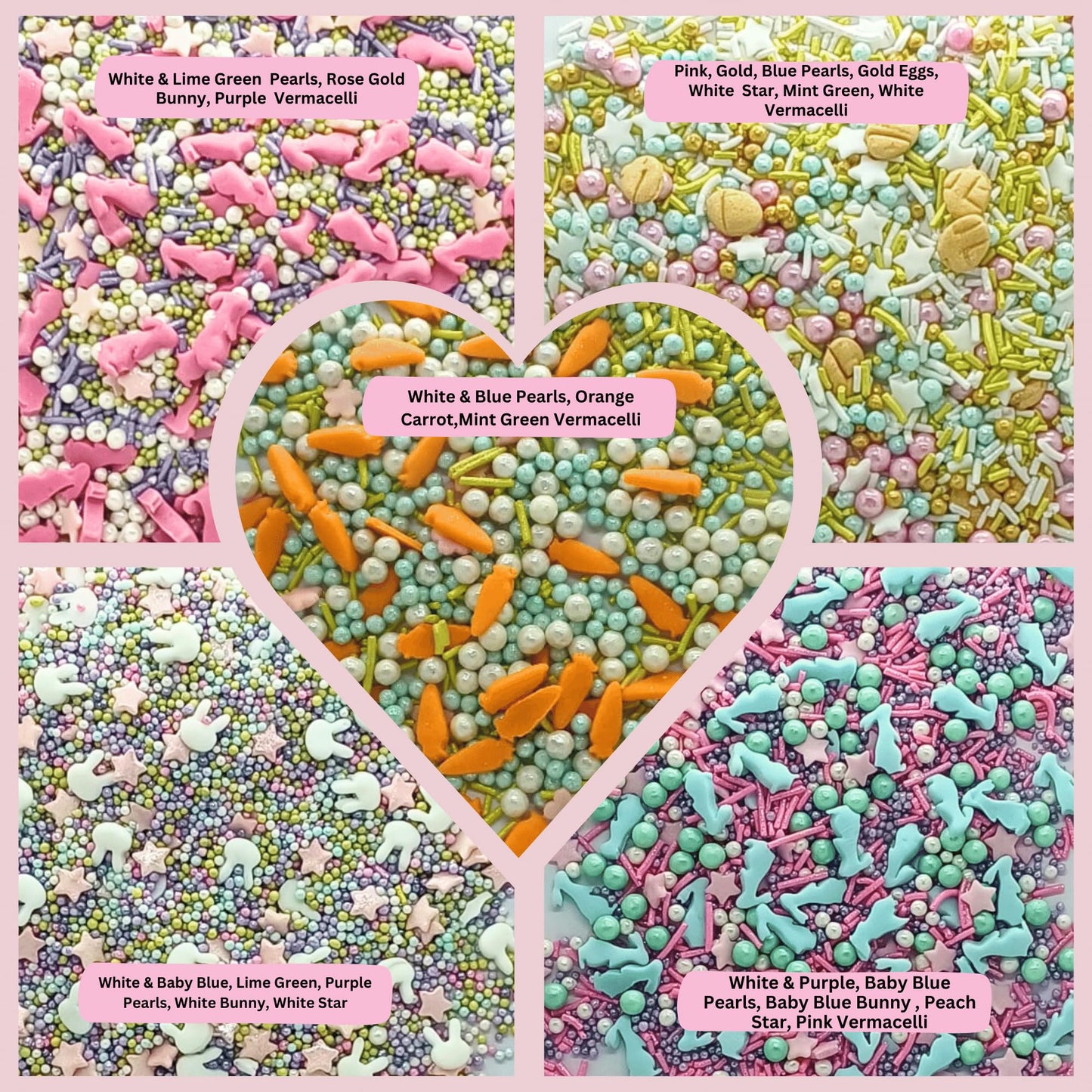 Confect Spring Sprinkle Mix - 5-Pack Bunny-Themed Edible Sprinkles | Pink, White & Blue With Stars, Pearls & Vermicelli | Perfec