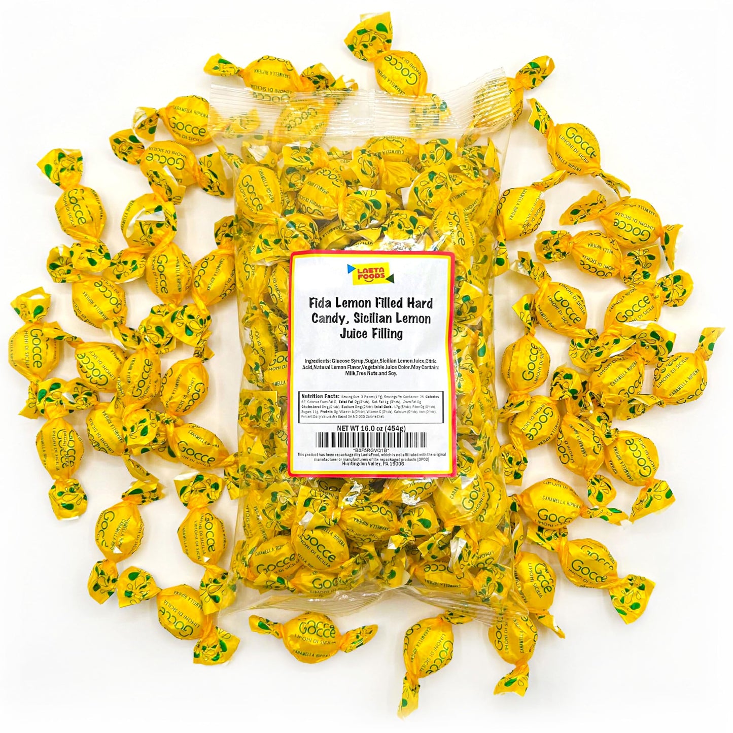 Italian Lemon Candy from Italy | 1 Pound Bag | Approx. 75 Count | Gocce Limoni Di Sicilia | Individually Wrapped Filled Lemon Drops Hard Candy | Citrus Candies