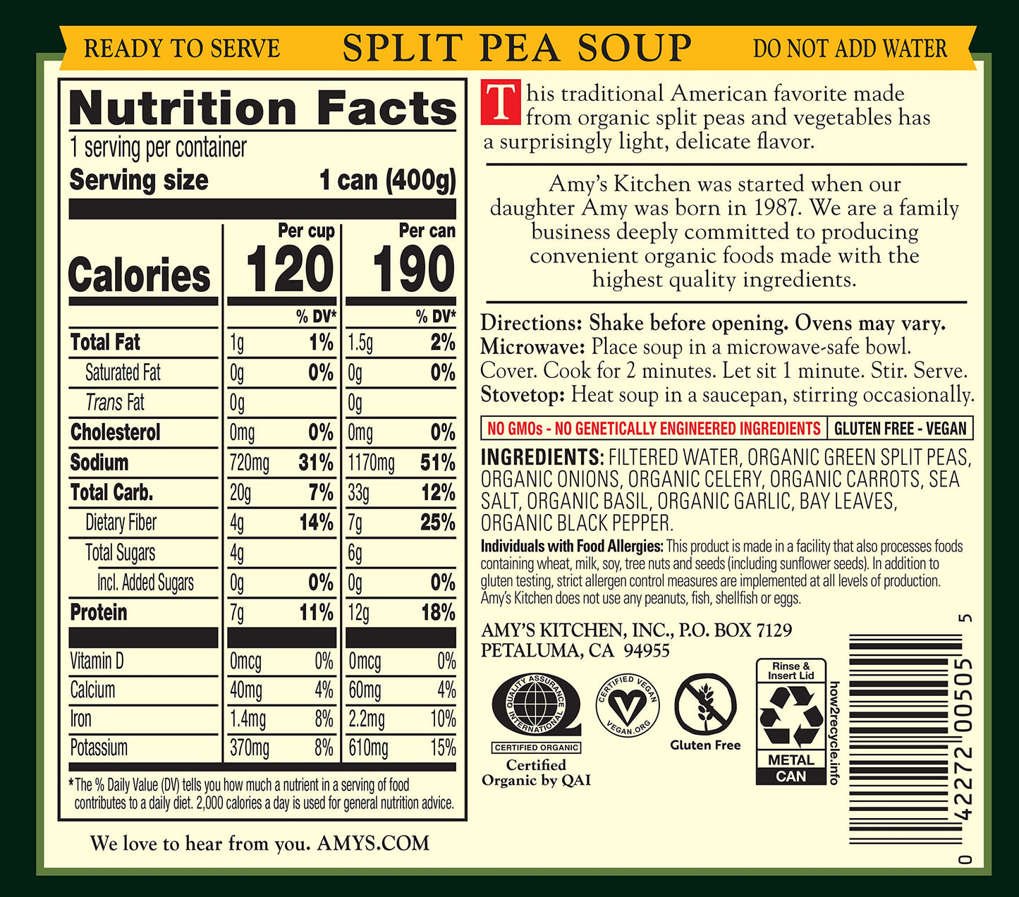 Amy's Soup, Vegan Split Pea Soup, Gluten Free, Made With Organic Split Peas and Vegetables, Canned Soup, 14.1 OZ (6 Pack)