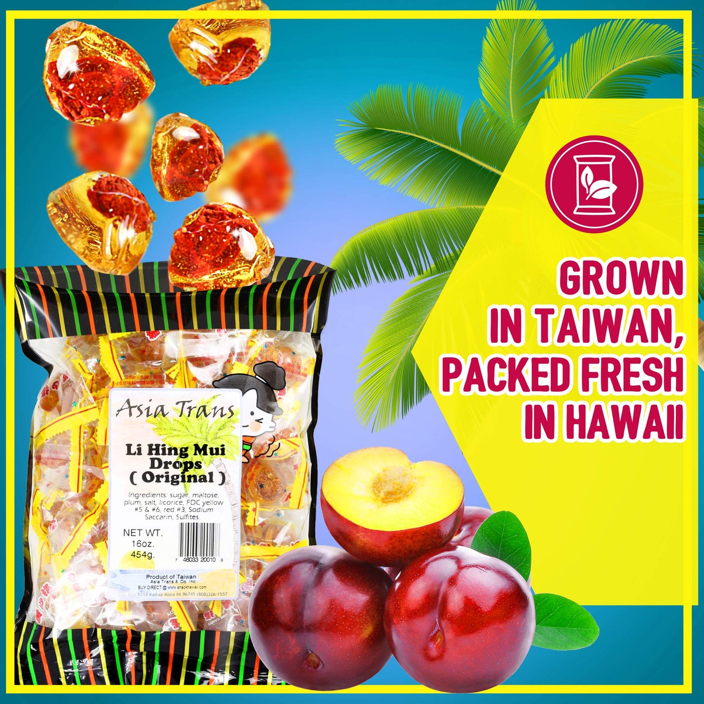 Asia Trans Golden Plum   Seed Drops - Hawaiian Favorite Sweet, Sour & Salty Dried Asian Plum Hard Candy