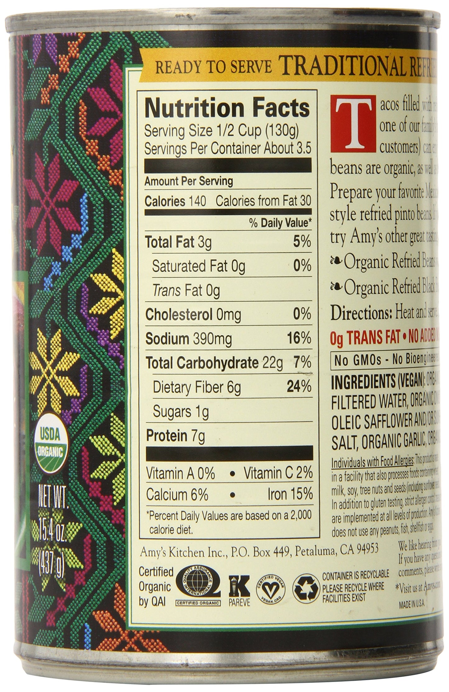 Amy's Organic Refried Beans Canned, Traditional Refried Beans, Vegan, Gluten Free and Vegetarian, 15.4 Oz (6 Pack)