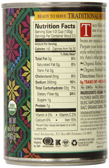 Amy's Organic Refried Beans Canned, Traditional Refried Beans, Vegan, Gluten Free and Vegetarian, 15.4 Oz (6 Pack)
