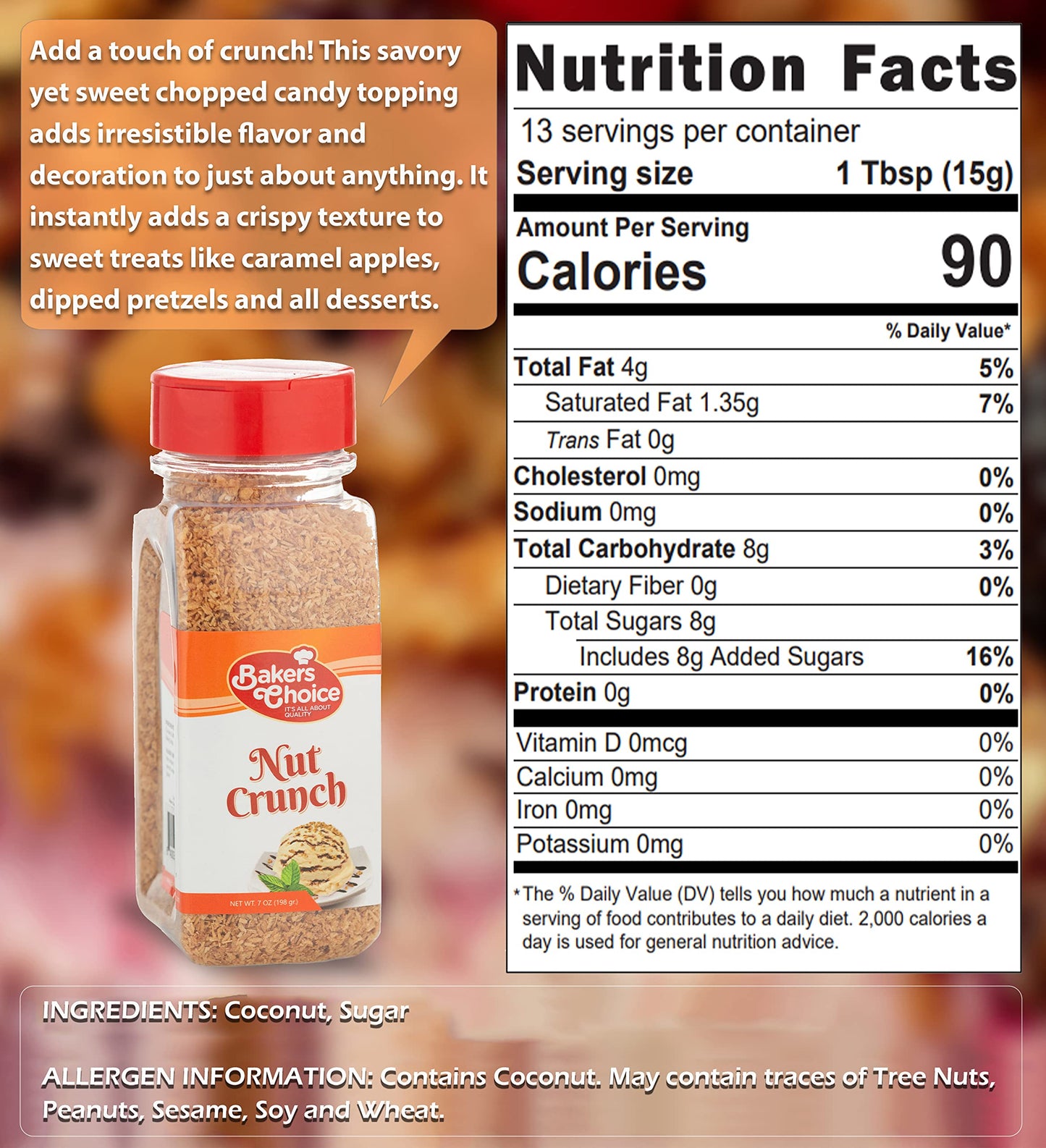 Coconut Crunch Topping - Coconut Sprinkles For Ice Cream Sundae Toppings - 7 Oz. - Dairy Free, Kosher - Baker’S Choice