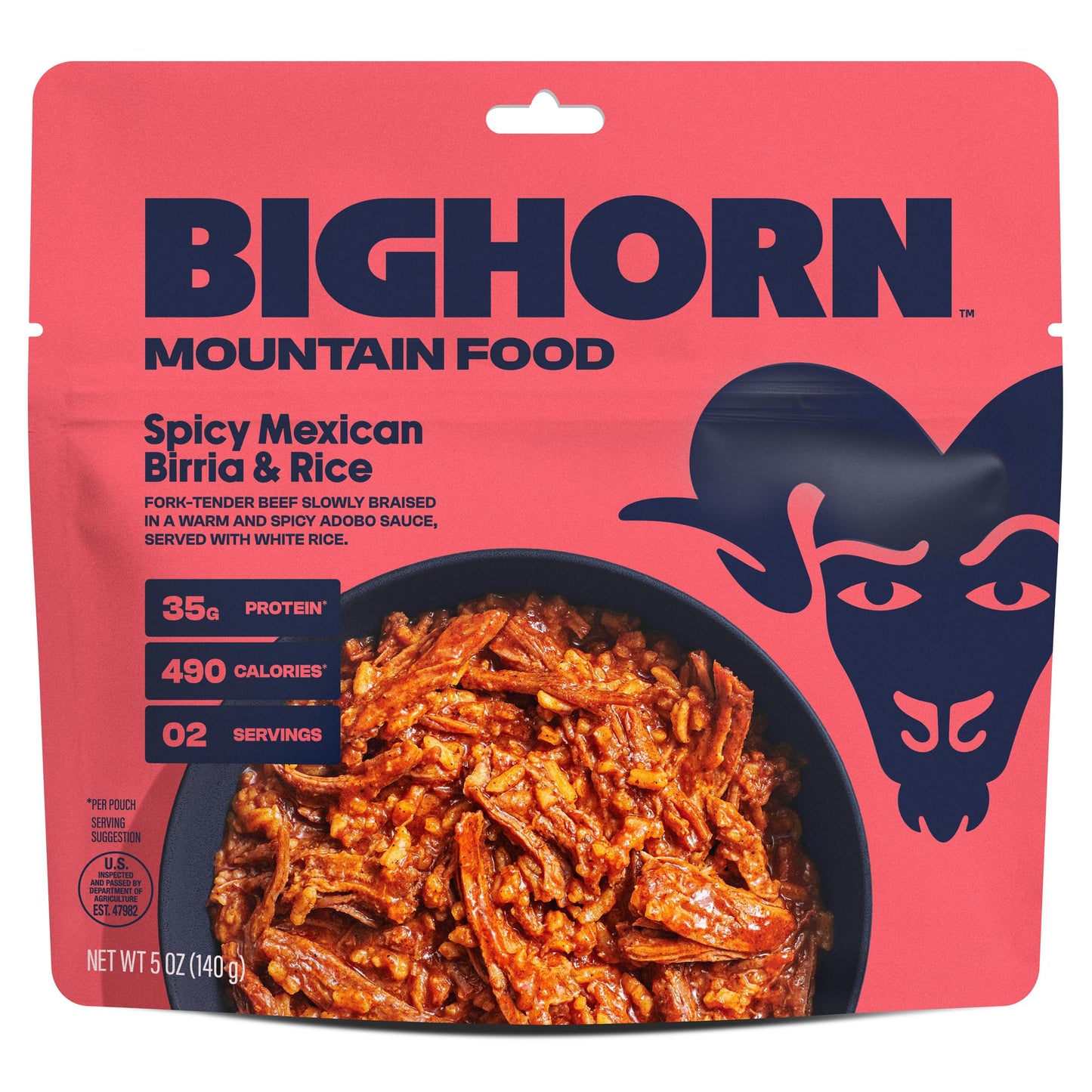 Bighorn Mountain Food Spicy Mexican Birria And Rice - Contains 4 Packs | 8 Servings | 140G Protein | 1,960 Calories - Enhanced Freeze Dried Meals For Backpacking Food - Dehydrated Camping Food For Backpacking Meal - Just Add Water - Great Taste