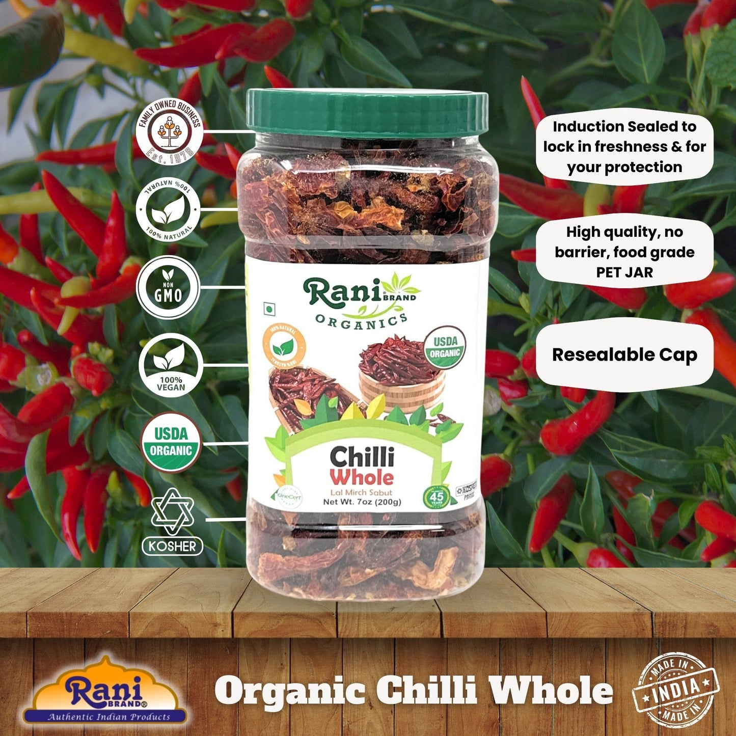 Rani Organic Chilli Whole (Lal Mirch Sabut) 7Oz (200G) Pet Jar ~ All Natural | Vegan | No Colors | Gluten Friendly | Non-Gmo | K