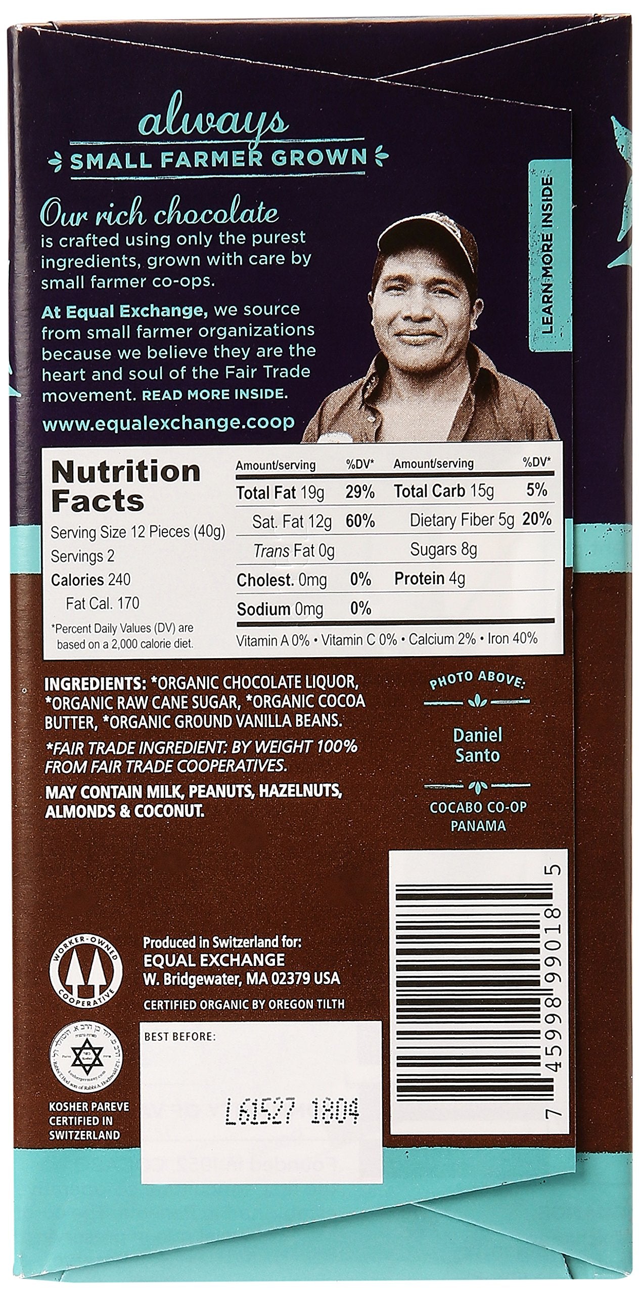 Equal Exchange Organic Dark Chocolate Panama Extra Dark, 2.8 Oz