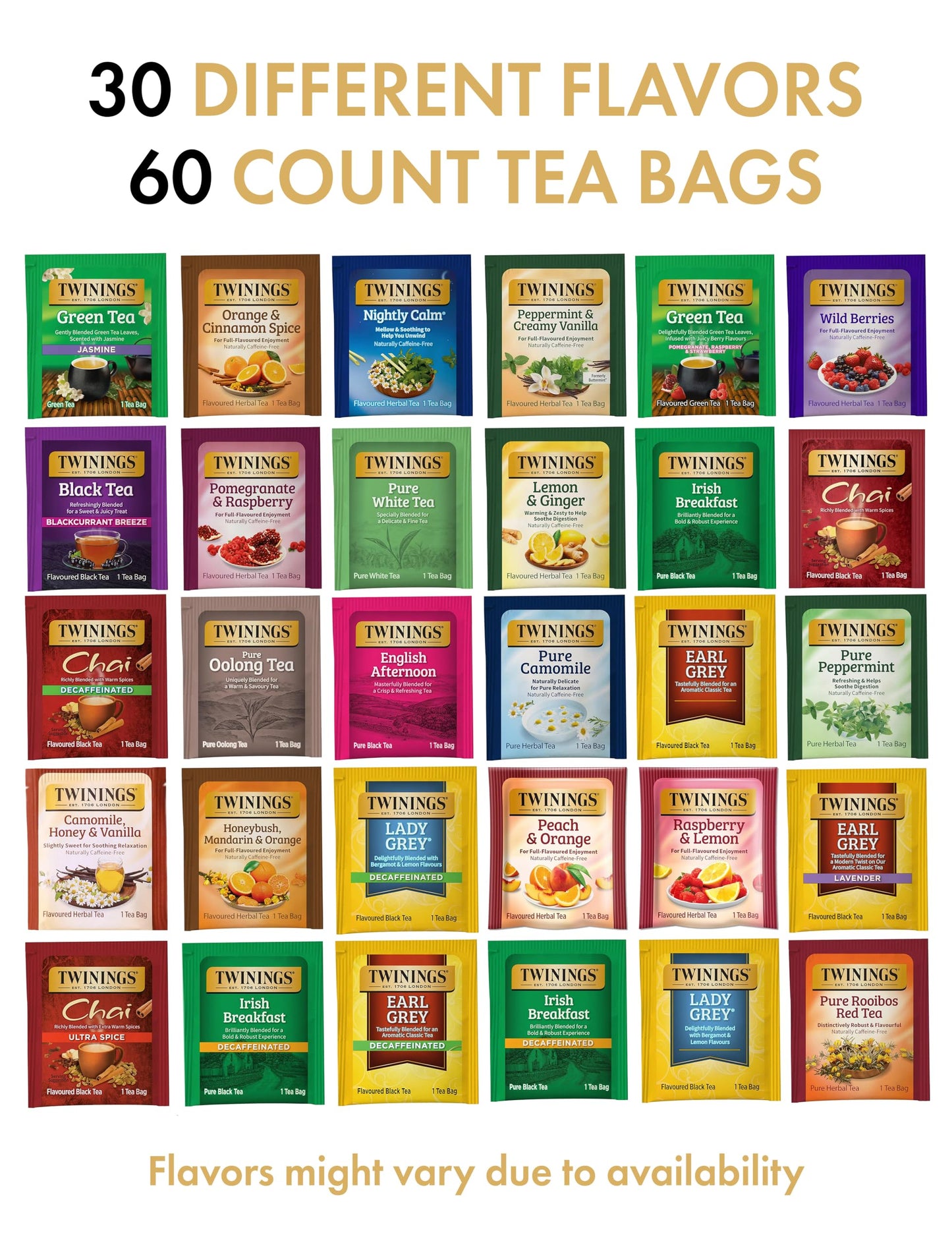 Twinings Tea Bags Sampler Assortment, 60 Count, 30 Flavors for Tea Lovers, Ideal for Gifts and Sharing