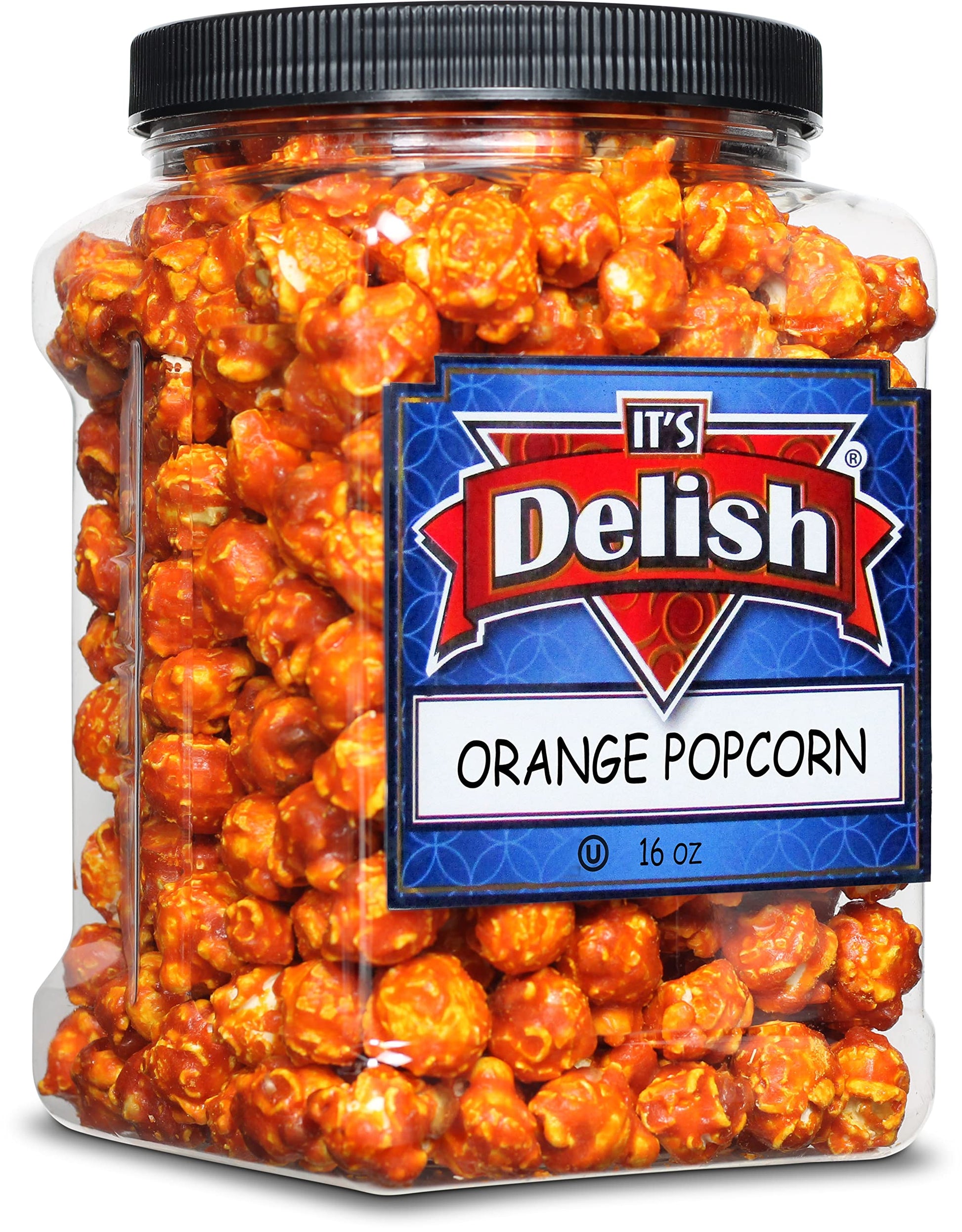 Gourmet Orange Flavored Popcorn by Its Delish, 16 Oz Jumbo Container | Bulk Air Popped Pop Corn Snack - Fruity Orange Themed Ca