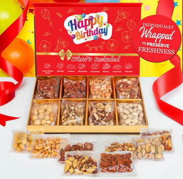Luxurious Treats Nuts Gift Basket, Happy Birthday Nut Gifts Gourmet Collection Healthy Food Box Mixed Cravings Platter Tray Samp