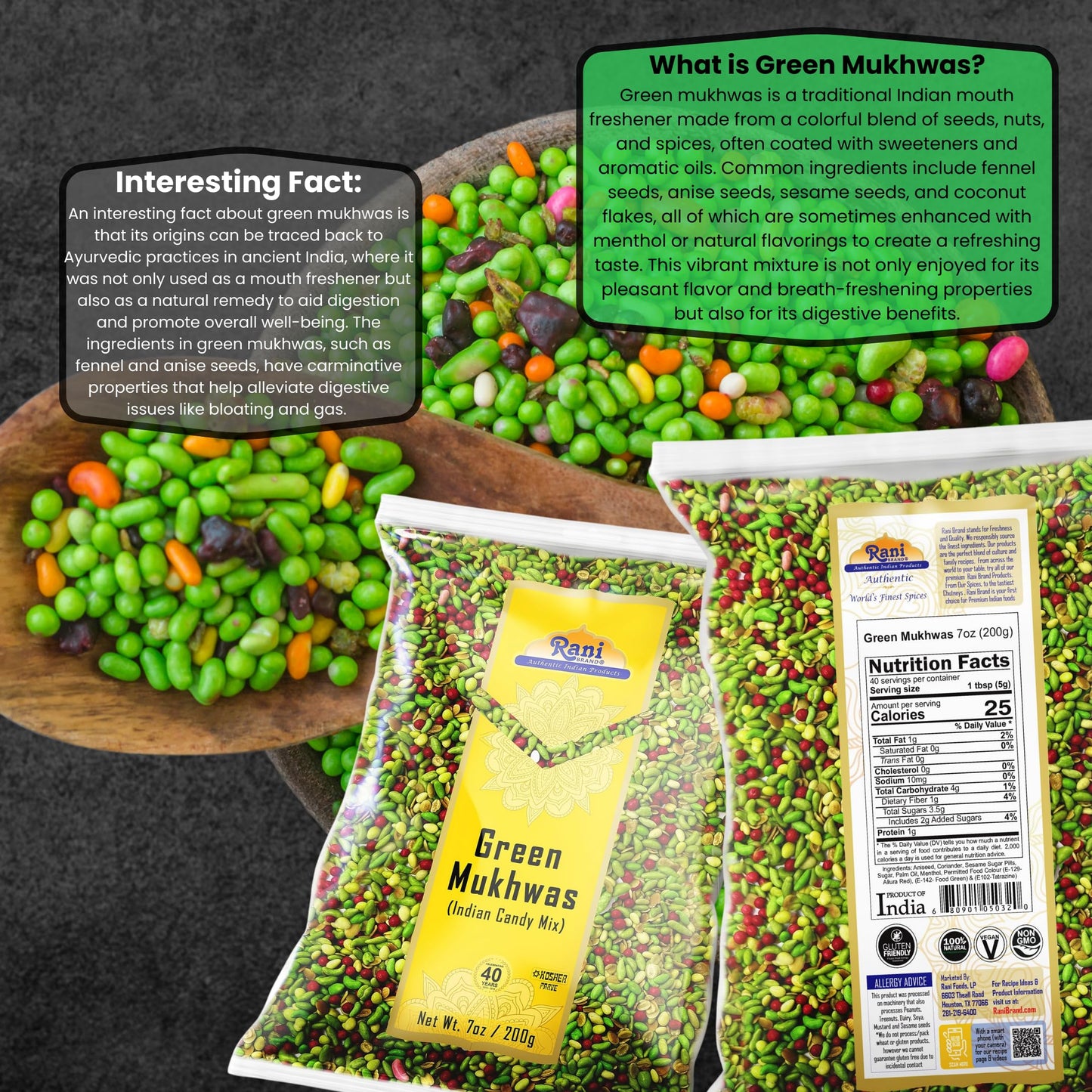 Rani Green Mukhwas (Special Digestive Treat) 7oz (200g) ~ Vegan | Indian Candy Mouth Freshener | Kosher
