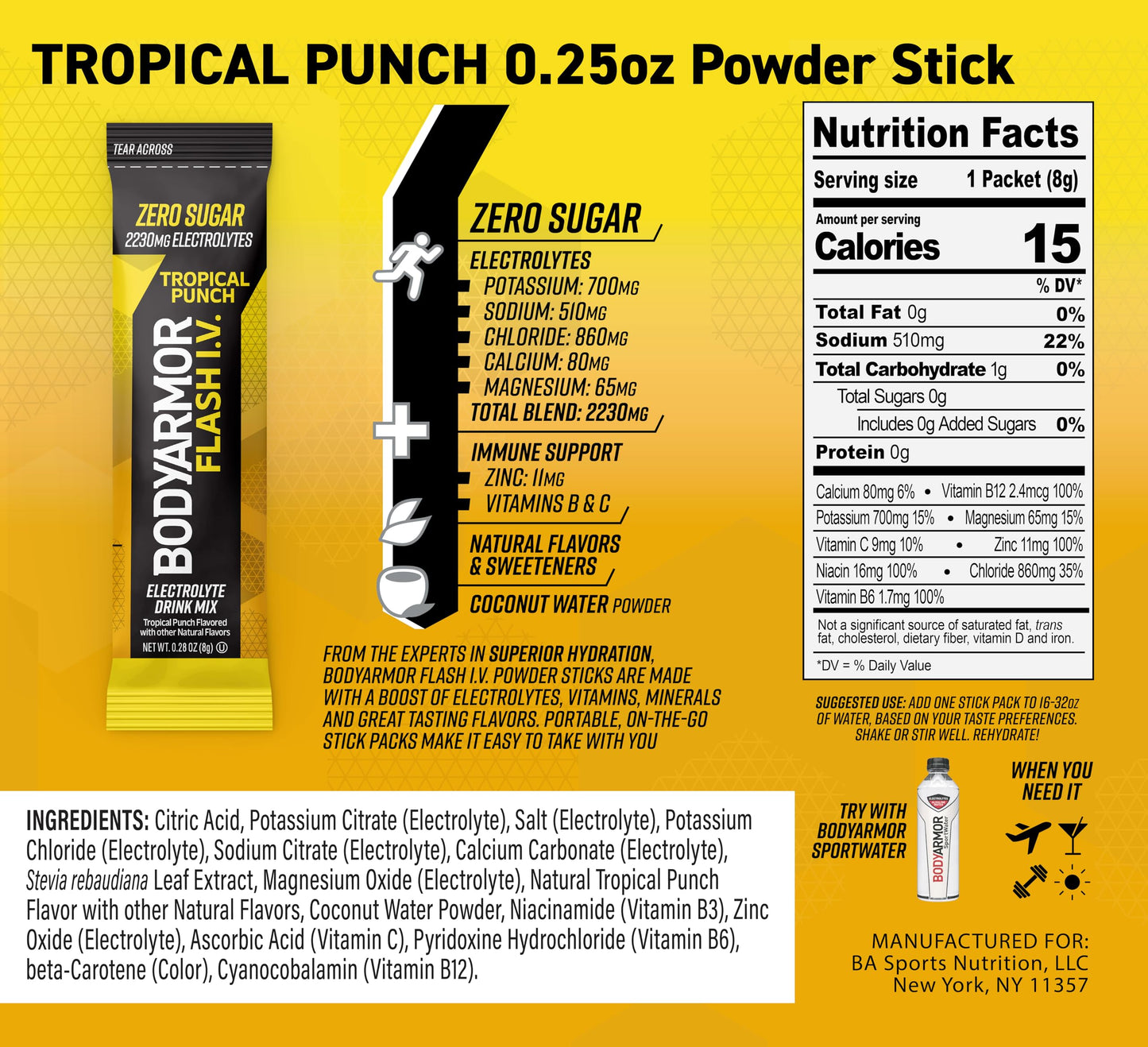 BODYARMOR Electrolyte Packets, Tropical Punch, Zero Sugar Drink Mix, Coconut Water Powder, 6 Servings, Single Serve Packs, Yellow