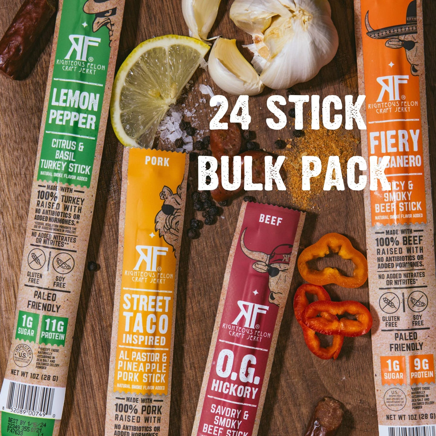 Righteous Felon Meat Sticks Variety Pack | Healthy Snack for mature-themeds | Gluten Free & Keto Meat Sticks | Low Sugar & High Protein | Turkey  Pork  Beef Sticks | Jerky Gifts for Men | 24 Pack
