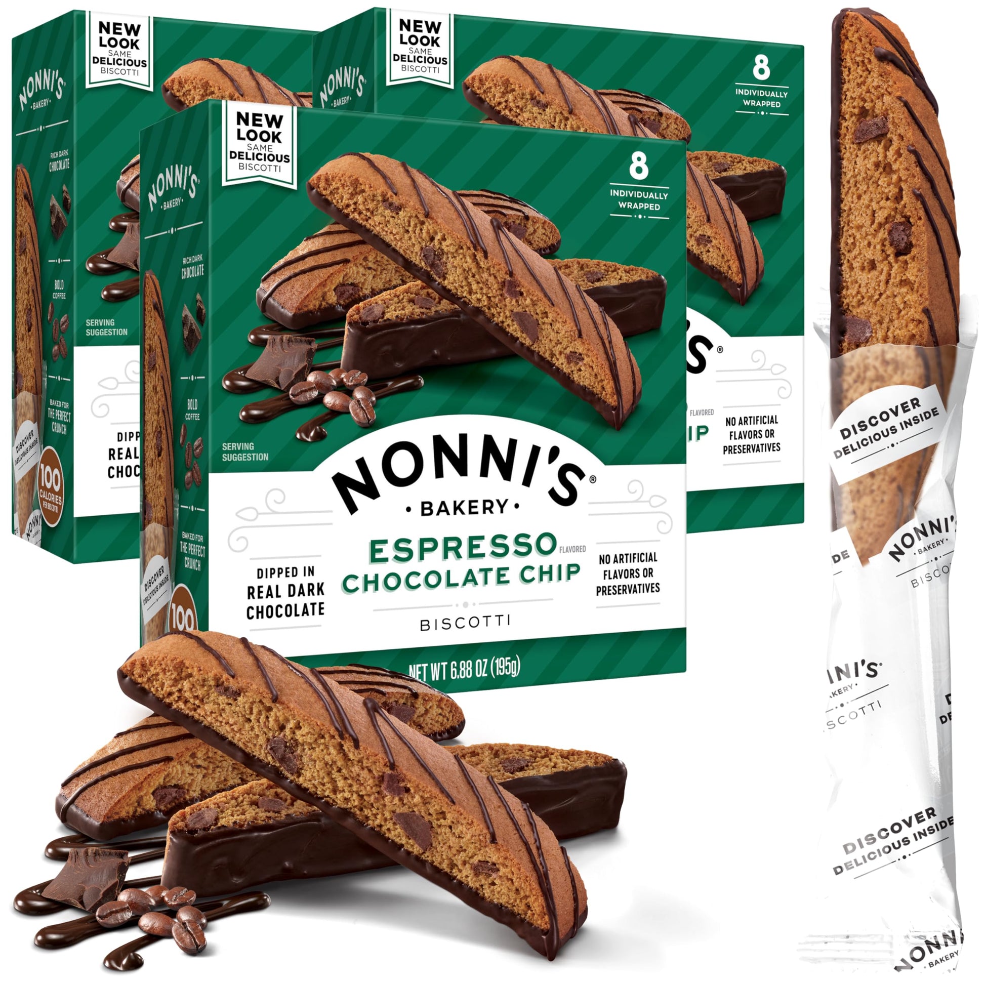 Nonni'S Espresso Chocolate Chip Biscotti Cookies - 3 Boxes Espresso Coffee Cookies - Espresso Chocolate Chip Cookies W/Dark Choc