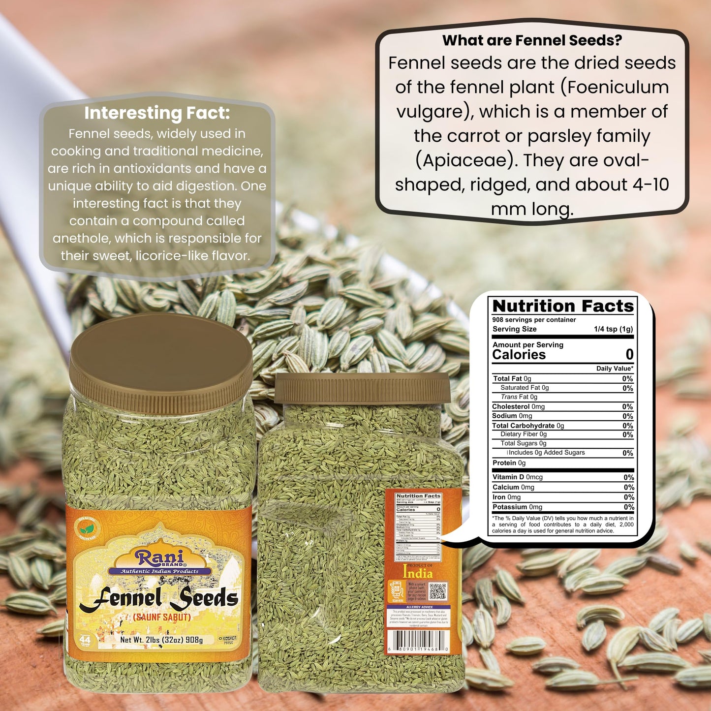 Rani Fennel Seeds (Saunf Sabut) Whole Spice 32Oz (2Lbs) 908G Pet Jar All Natural Gluten Friendly Non-Gmo Vegan Indian Origin