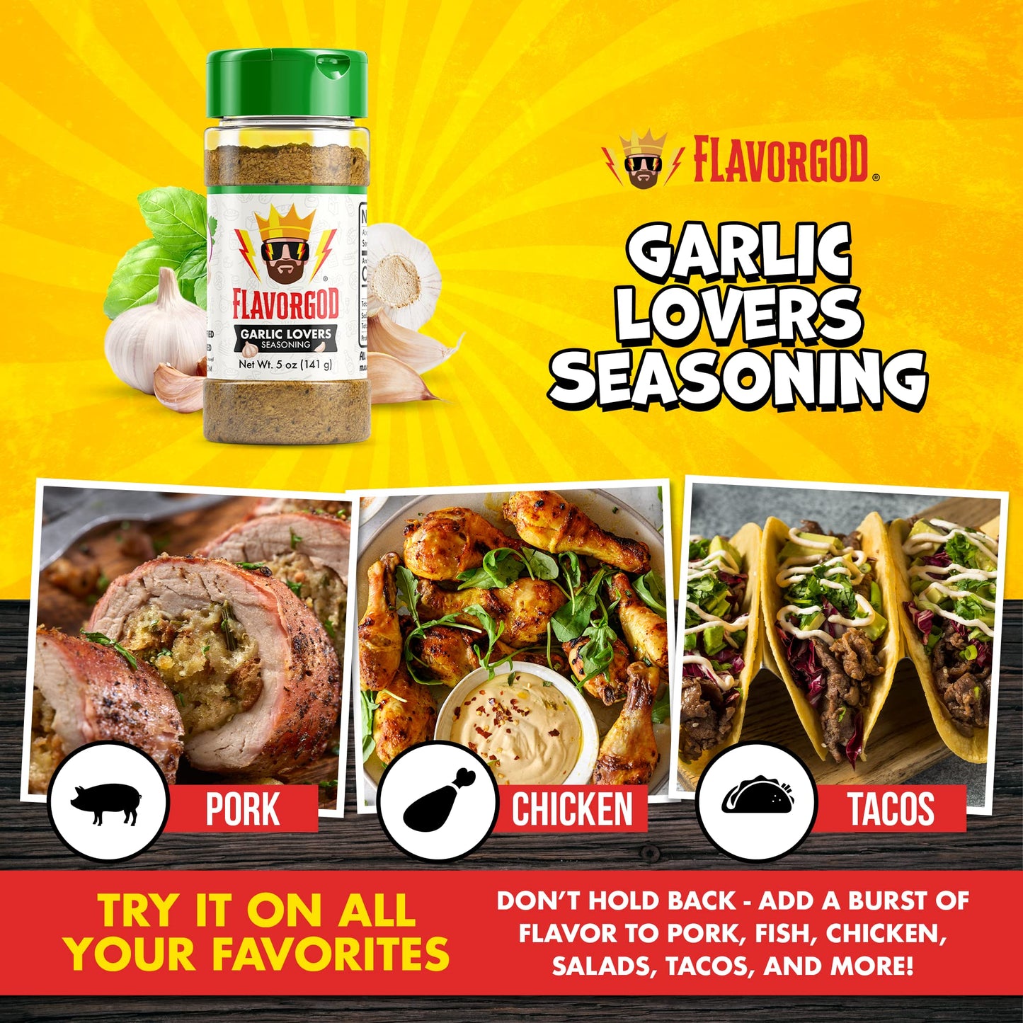 Flavor God 2 Bottles Garlic Lovers Seasoning Mix Natural Healthy Spice Blend For Grilling Chicken, Beef, Seafood, Vegetables, Sa