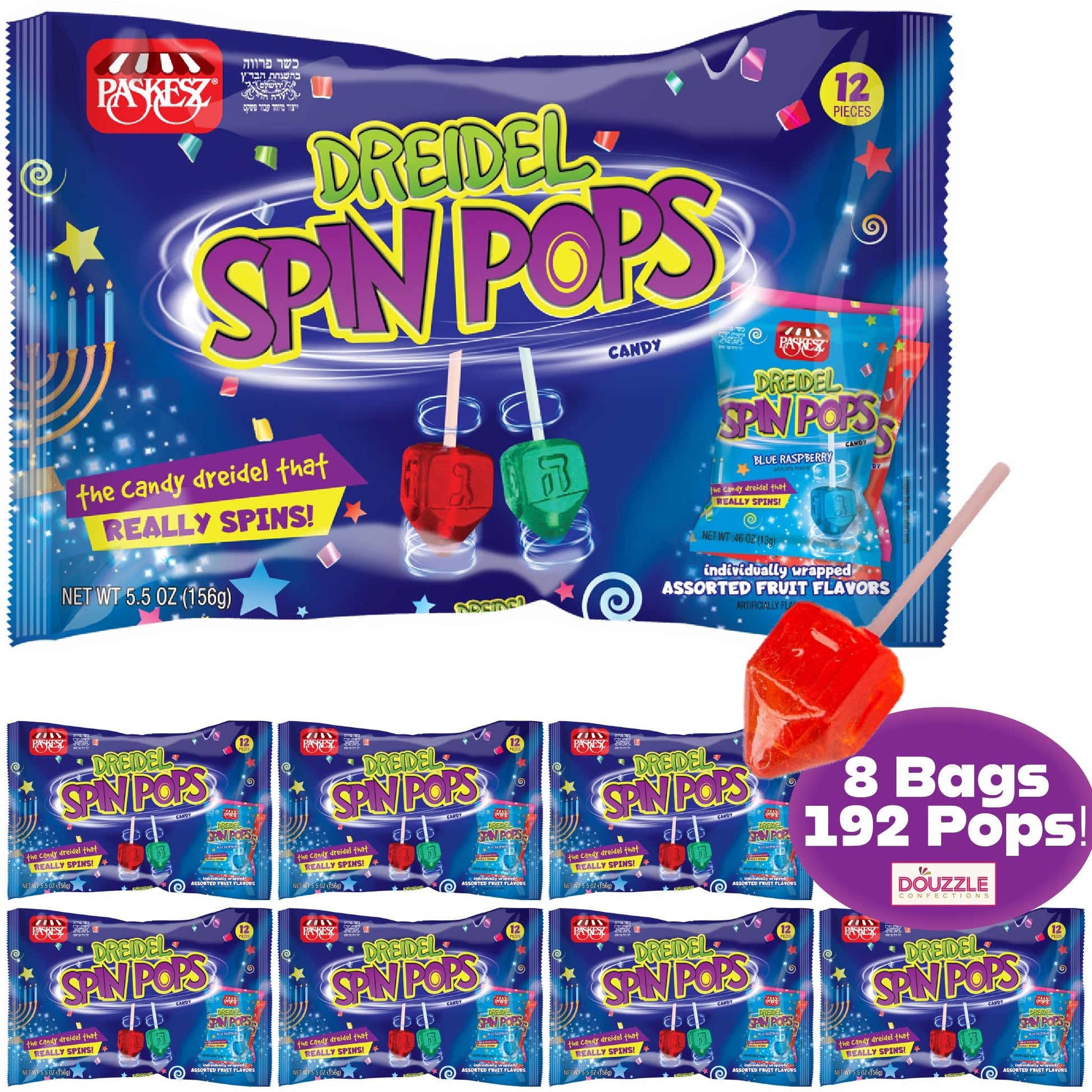 DOUzzle Hanukkah Candy Dreidels for Kids, Dreidel Spin Pops, Individually Wrapped Assorted Fruity Flavors (Pack of 8) Hanukah Pa