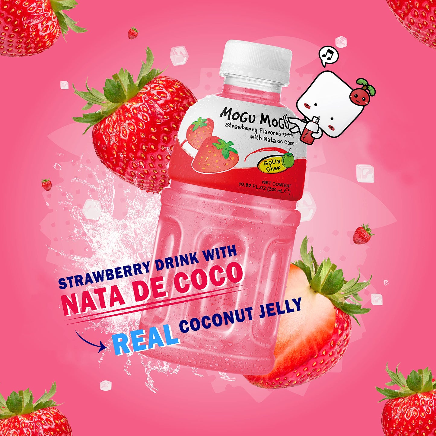 Mogu Mogu Drink Strawberry Juice (6 Bottles) Drinks For Kids Made With Fruit Juice And Nata De Coco (Coconut Jelly) Fun Chewable
