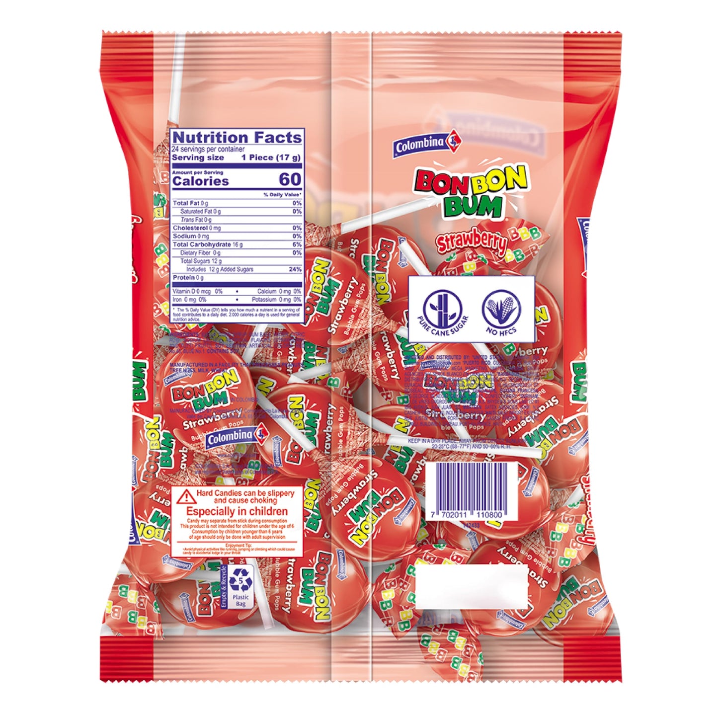 Colombina Bon Bon Bum Lollipops W/Bubble Gum Center, Strawberry Flavor, Individually Wrapped, Ideal For Party Favors And Gifts, 1 Pack (24 Count)