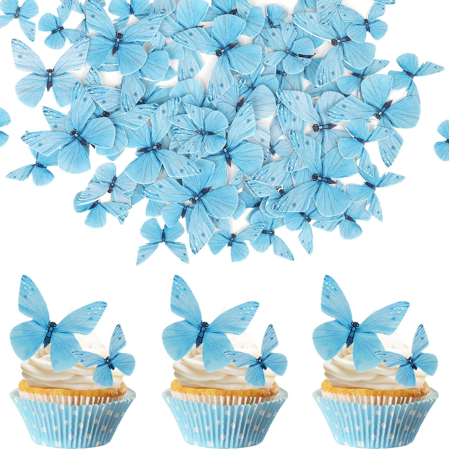 ZHUOWEISM 72PCS Edible Butterfly Cupcake Toppers, Paper Decorations for Baby Shower & Kids Birthday Party, Design 1 Blue