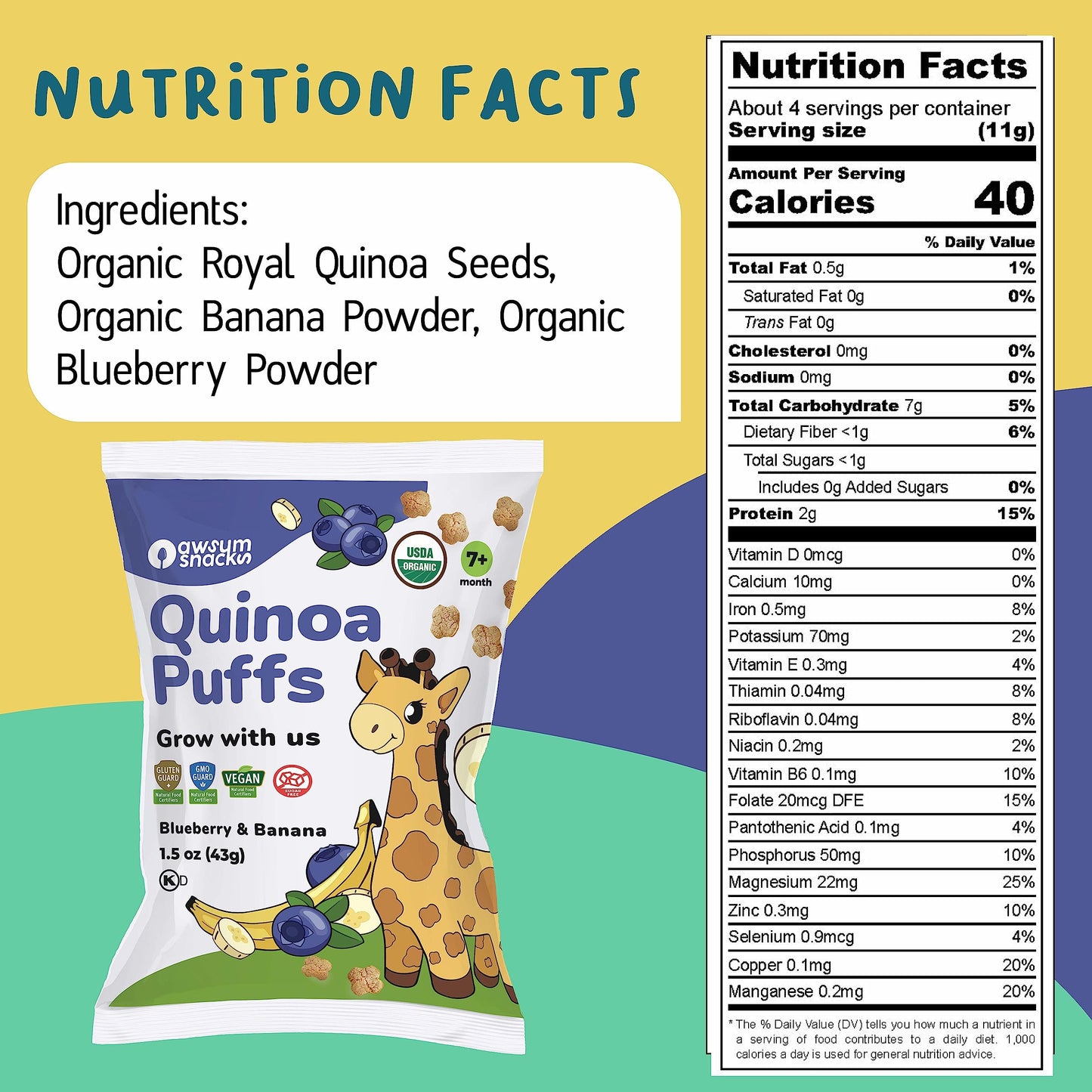 Awsum Snacks Organic Quinoa Puffs For Kids - Happy Healthy Food - Vegan Kosher Gluten Free - Non-Allergy - No Added Sugar - 24 B