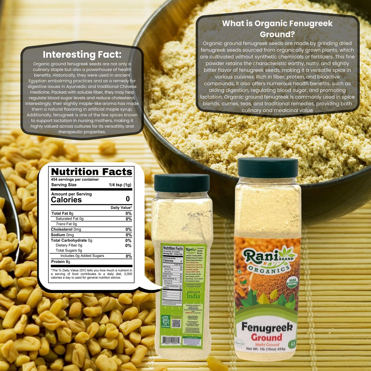 Rani Organic Fenugreek (Methi) Seeds Ground Powder 16Oz (1Lb) 454G Jar, Trigonella Foenum Graecum ~ All Natural | Vegan | Gluten