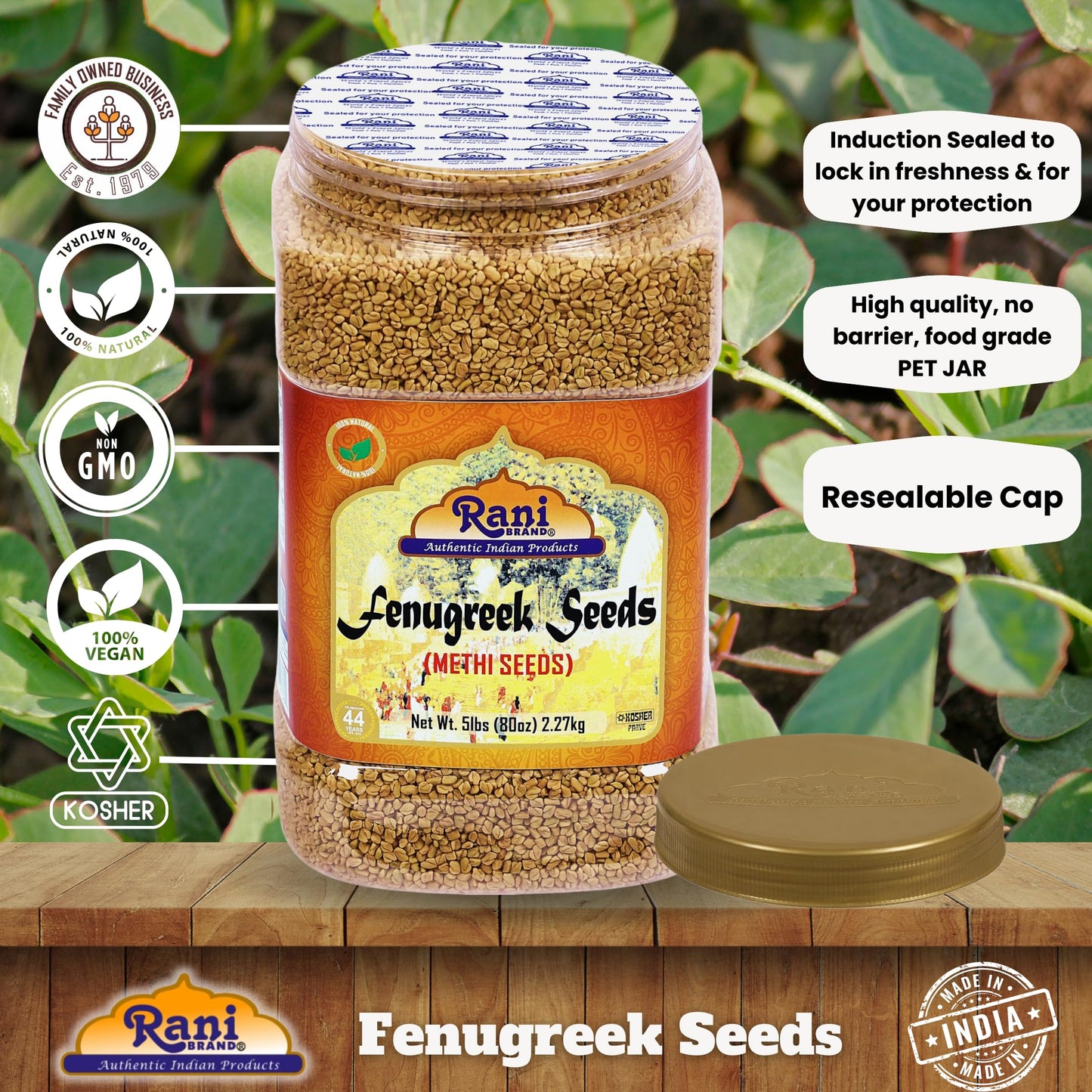 Rani Fenugreek (Methi) Seeds Whole 80Oz (5Lbs) 2.27Kg Bulk Pet Jar, Trigonella Foenum Graecum ~ All Natural | Vegan | Gluten Fri
