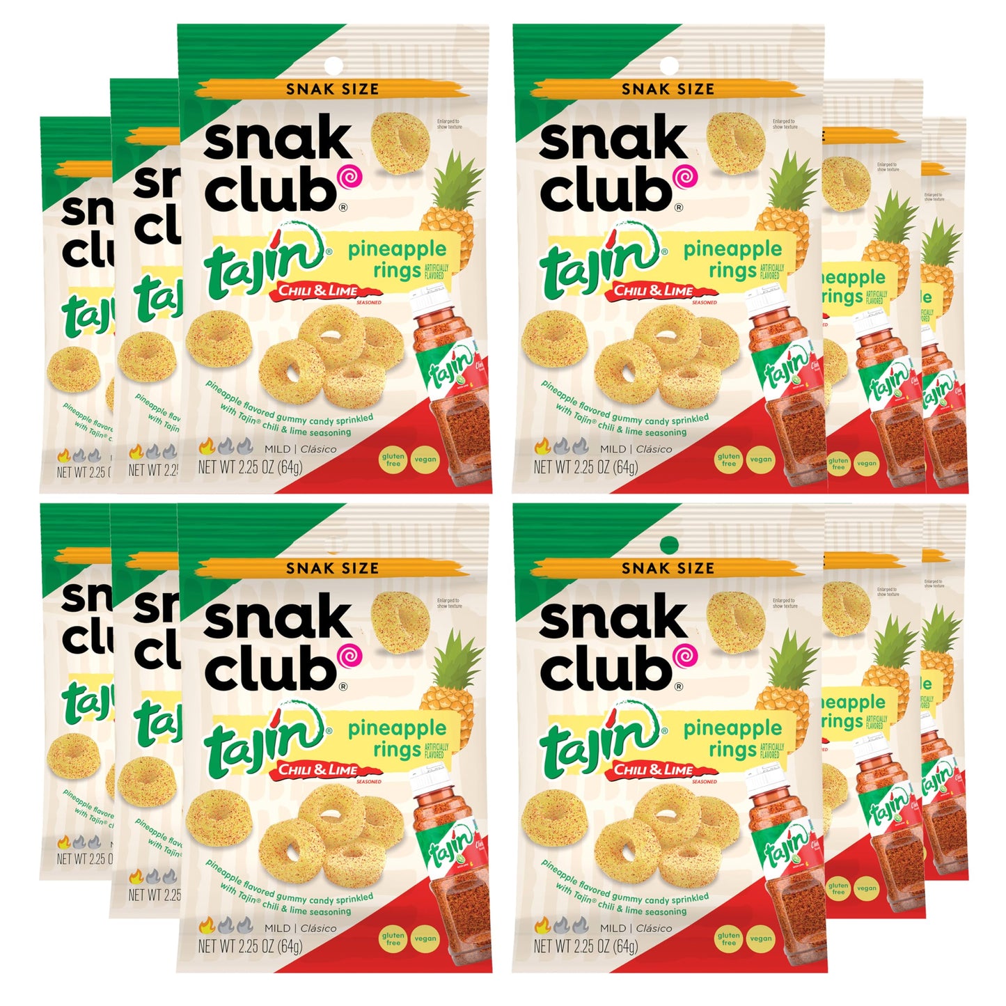 Snak Club Pineapple Rings, Tajin Chili & Lime Seasoned, Sweet and Spicy Gummy Candy, Mild in Heat Bold in Flavor, Low-Fat, Vegan